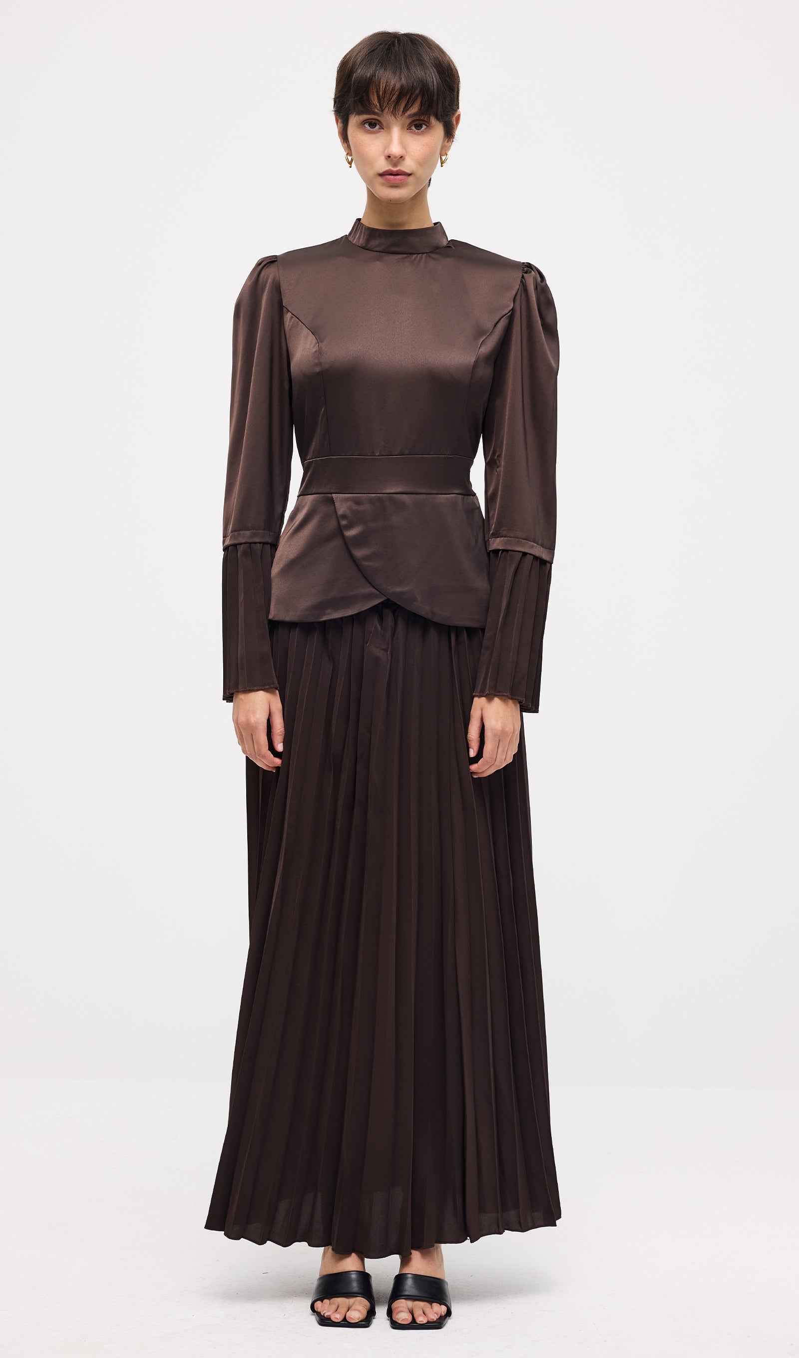 Solid Pleated Peplum Two Piece Set Maxi Skirt