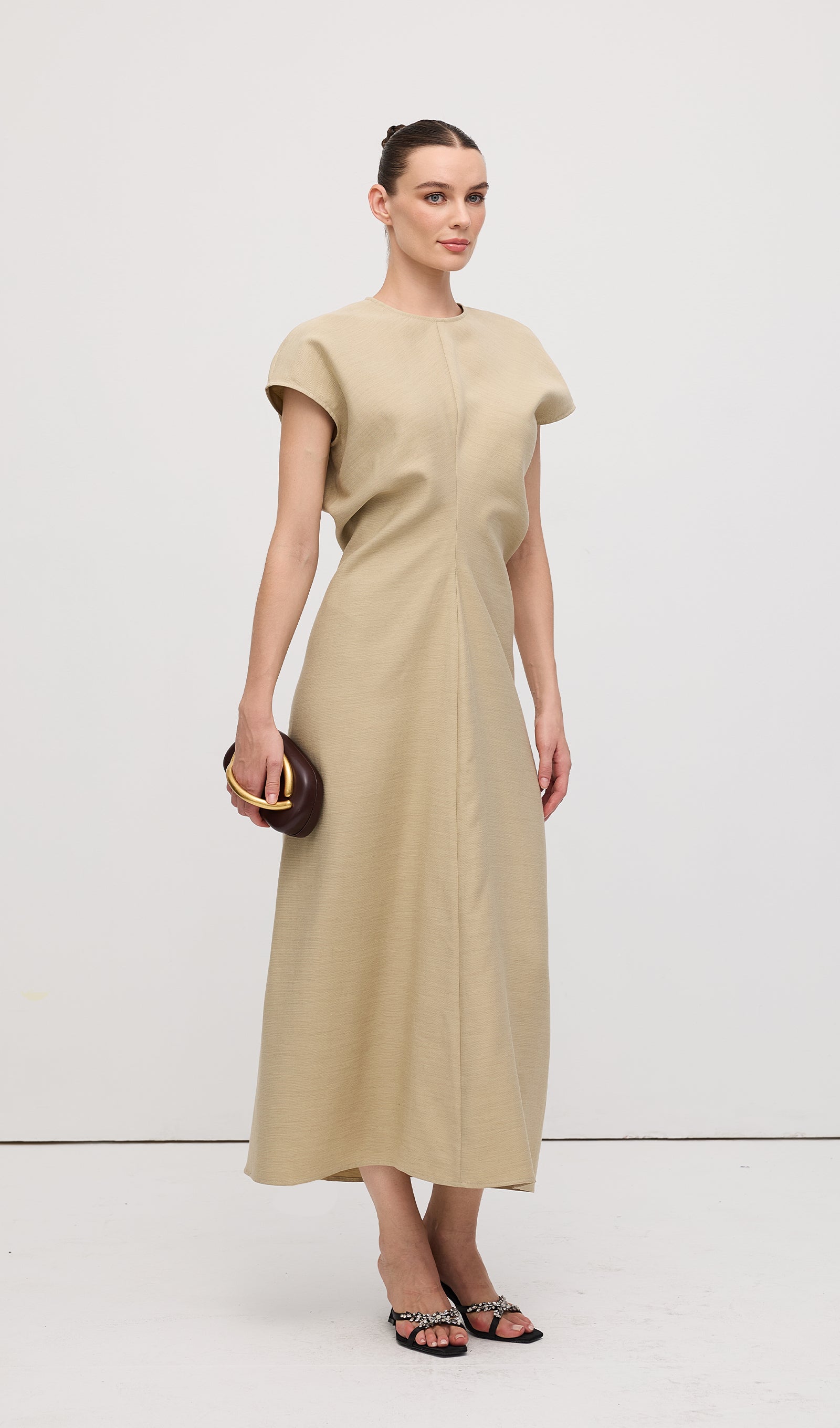 Slouch Waist  Midi Dress-Green