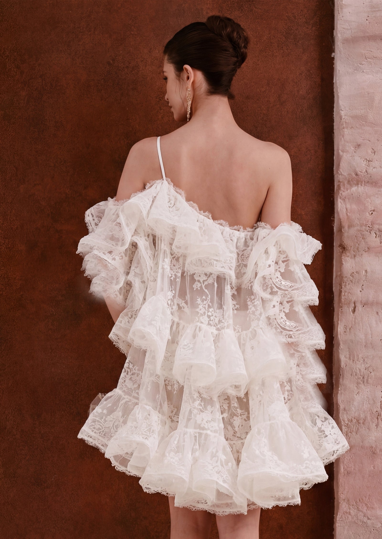 Aysha Pleated Asymmetrical  Lace Mini Dress In White