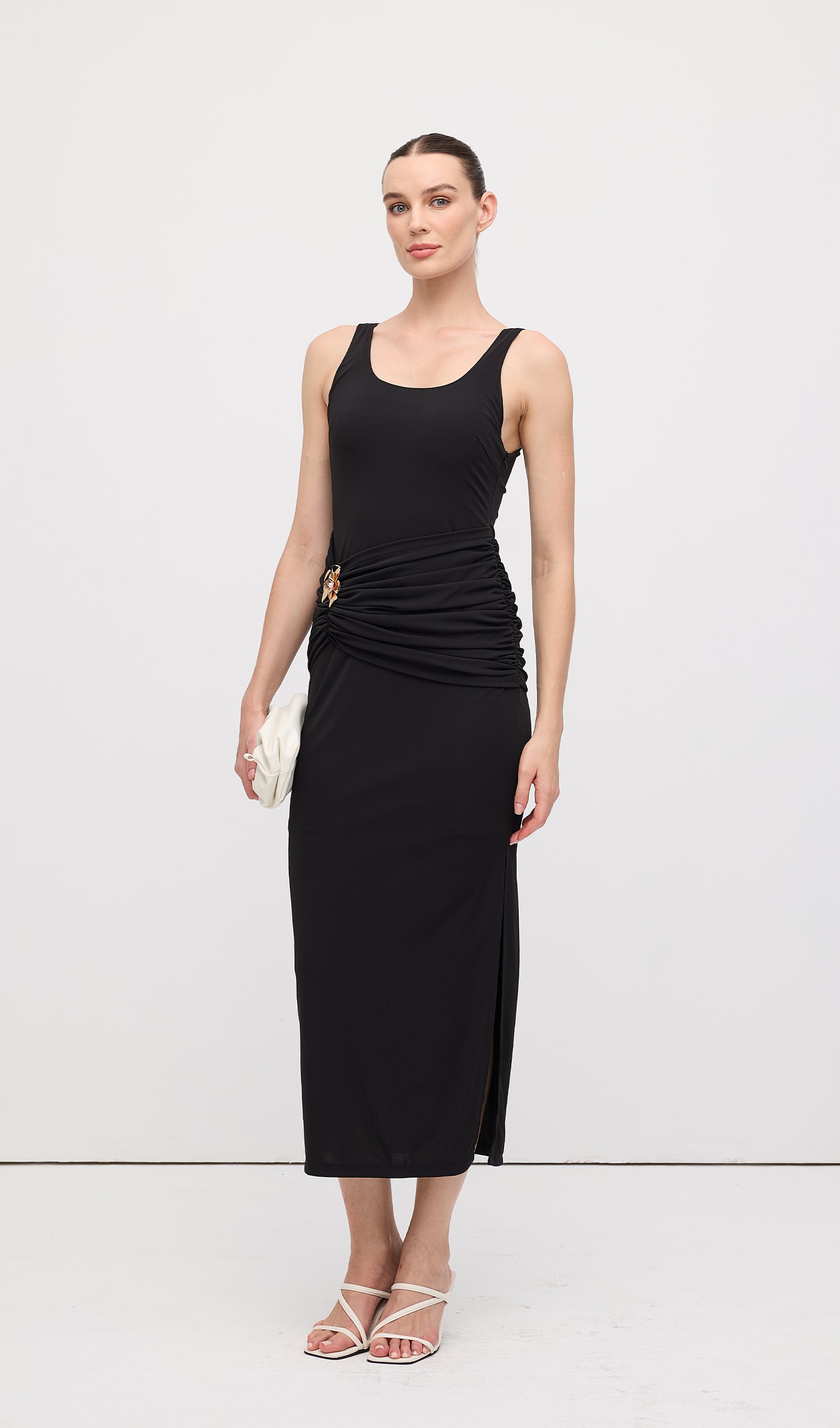 Sleeveless Pleats At Waist Midi Dress