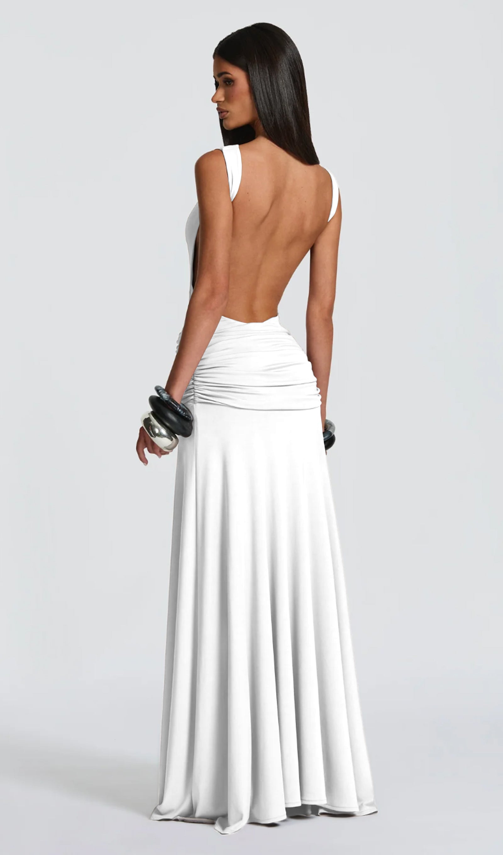 Open Back Bodysuit & Maxi Skirt Set In White