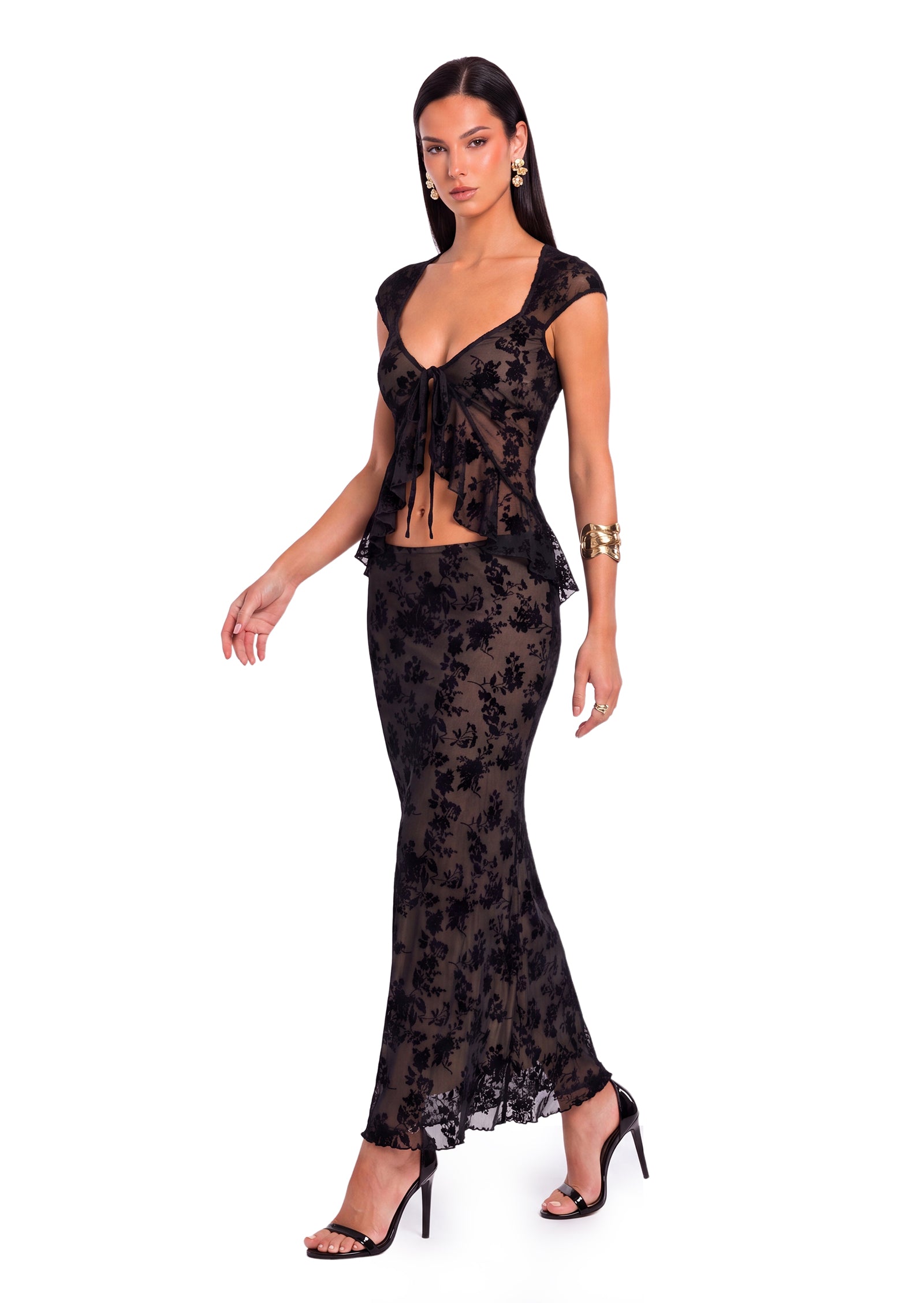 Bacca Lace Top And Midi Skirt Set In Black