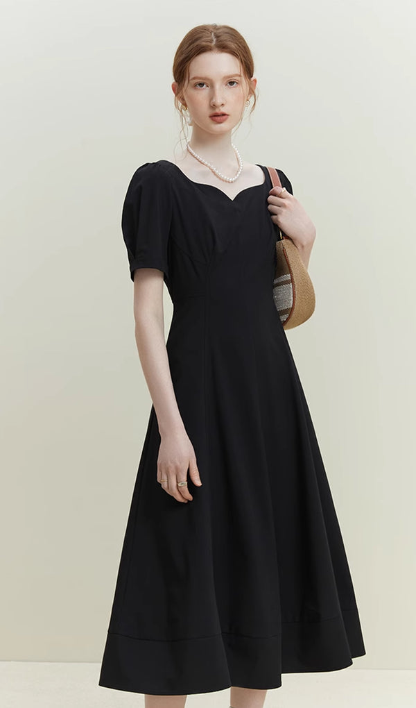 Black Simplicity Puff Sleeves  Midi Dress