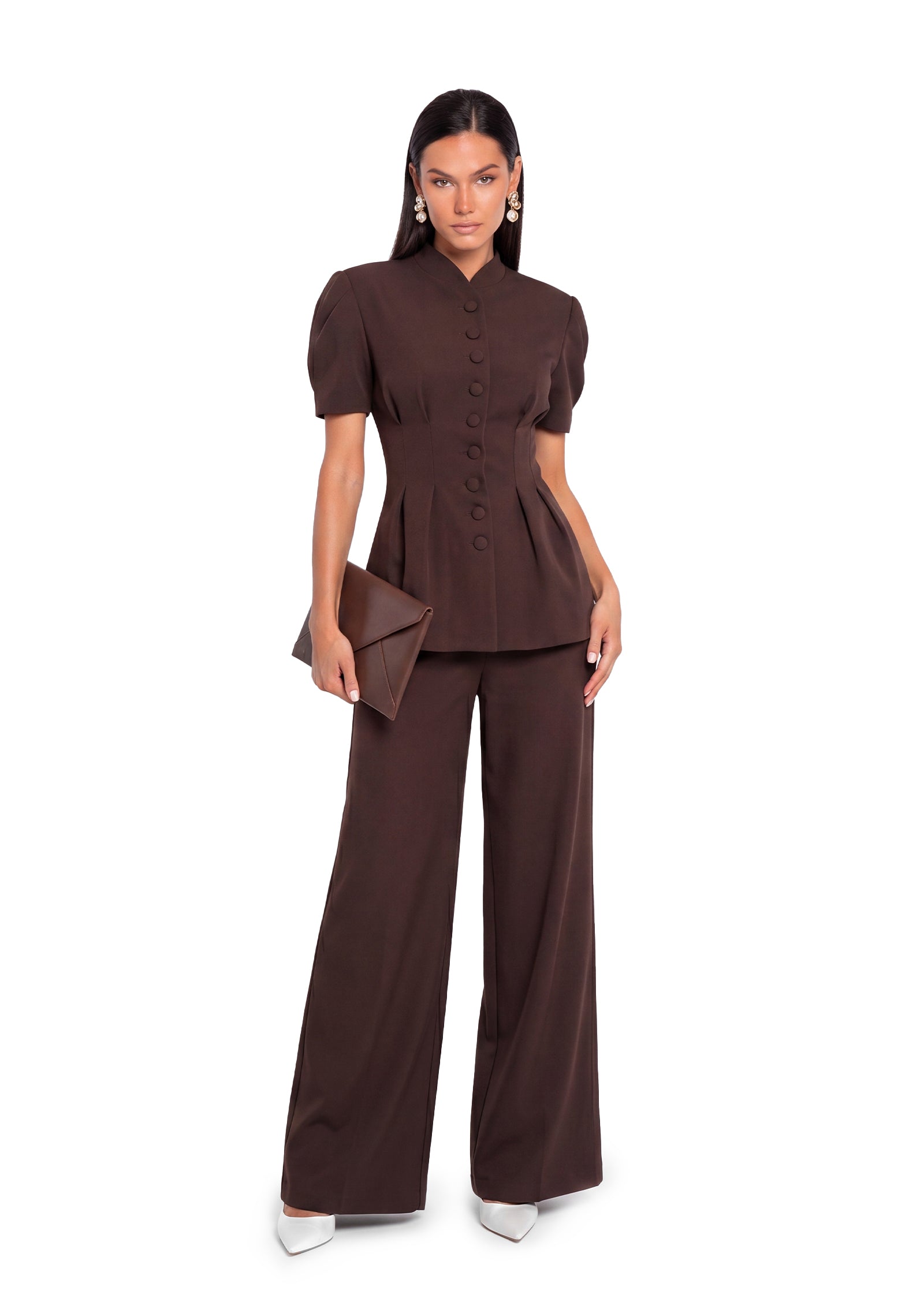 Adelle Short Sleeeve Waist-Sitting Suit In Coffee