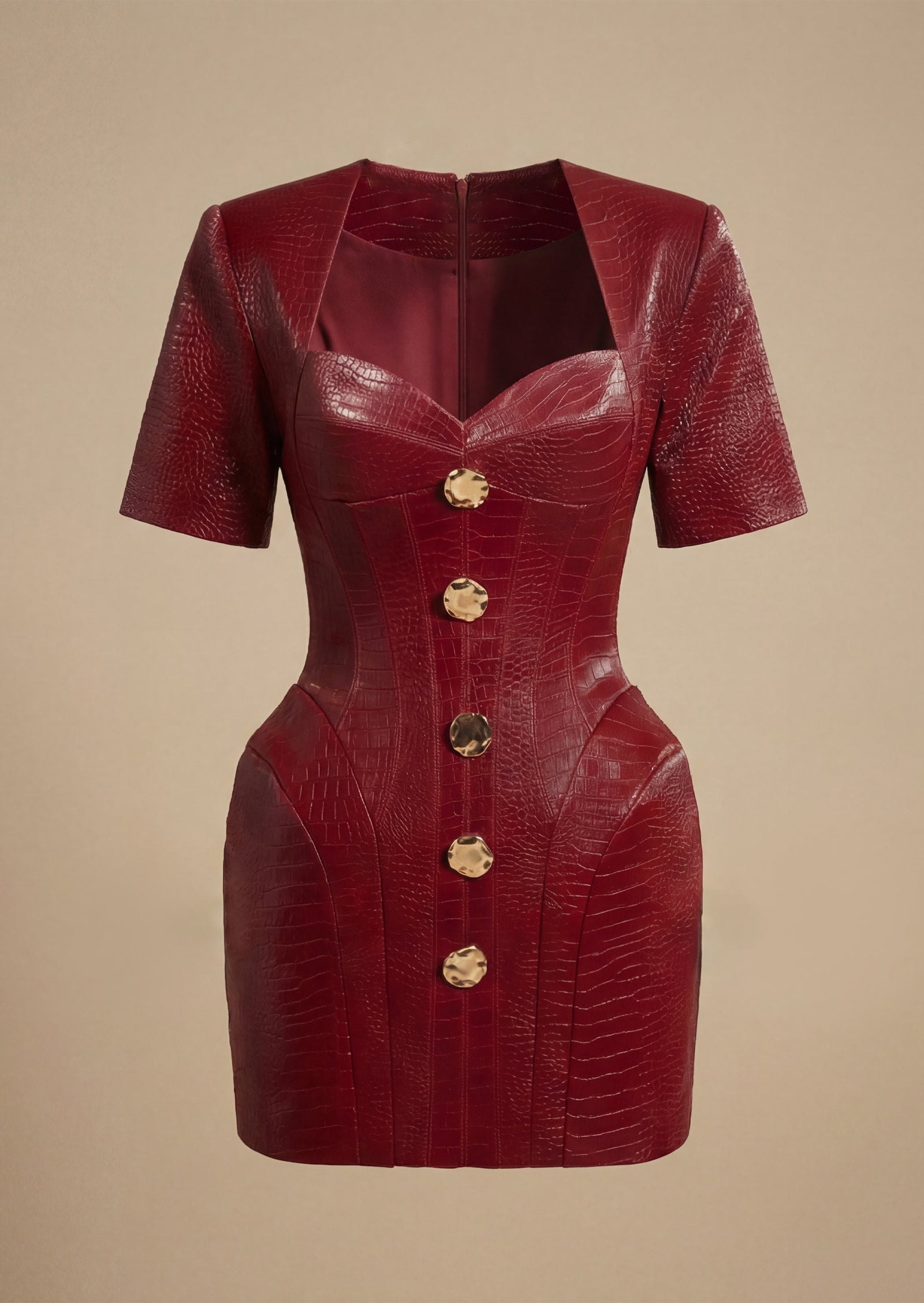 Square Neck Short Leather Dress In Claret