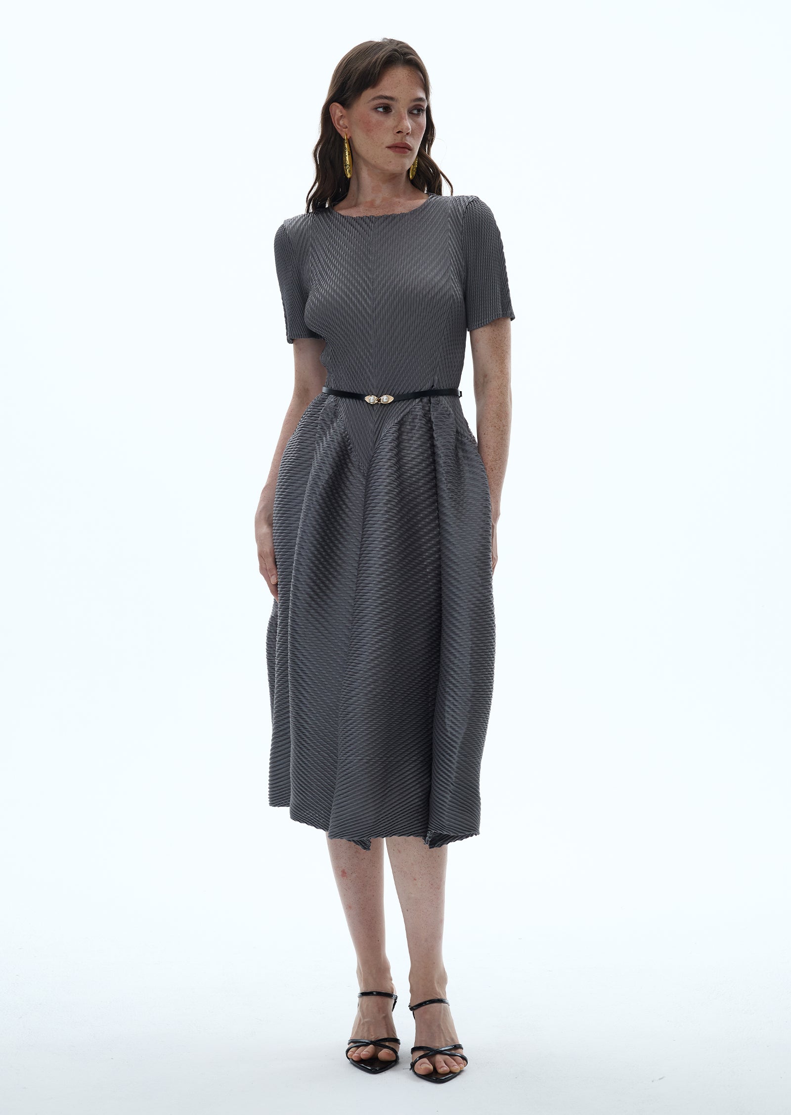 Midikleid in A-Linie mit Blumenmuster und Laternenärmeln