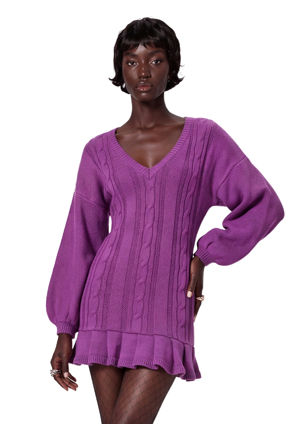 Xanti V Neck Knit Mini Dress In Purple