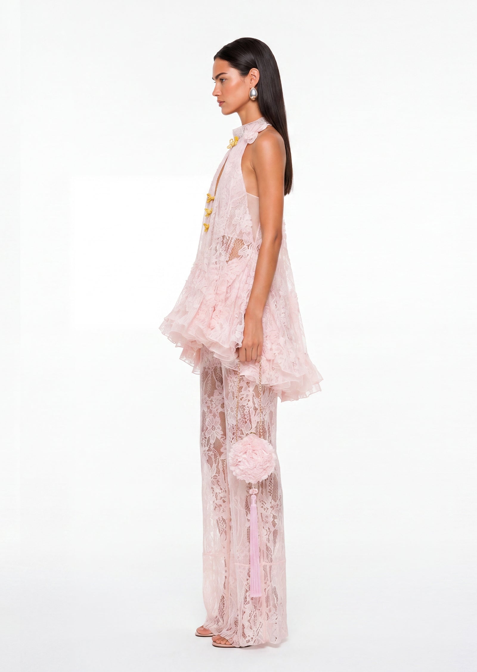 Sylvana Lace Top And Pants Two Piece Set In Pink