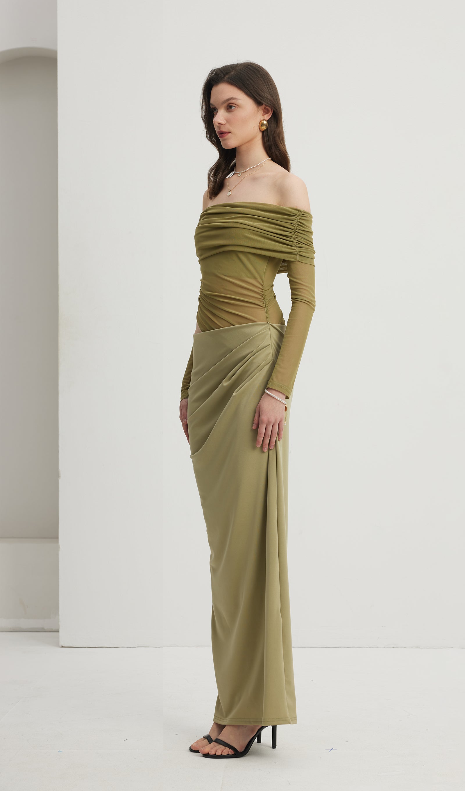 Off Shoulder Sheer Maxi Mesh Green