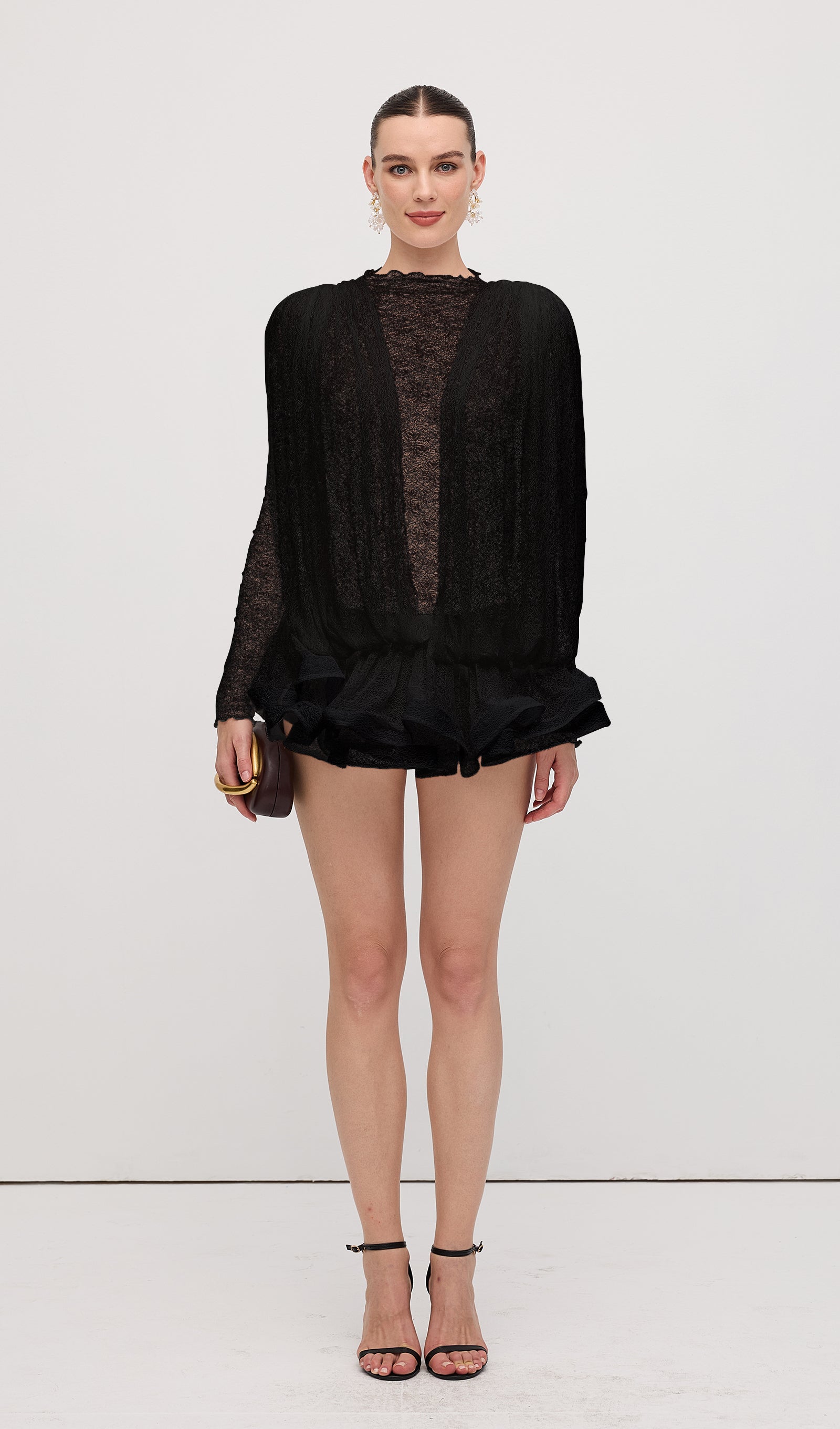 Lace Semi Sheer Ruffled Mini Dress In Black