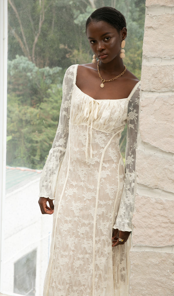 Trendy Vintage Cream Lace Maxi Dress
