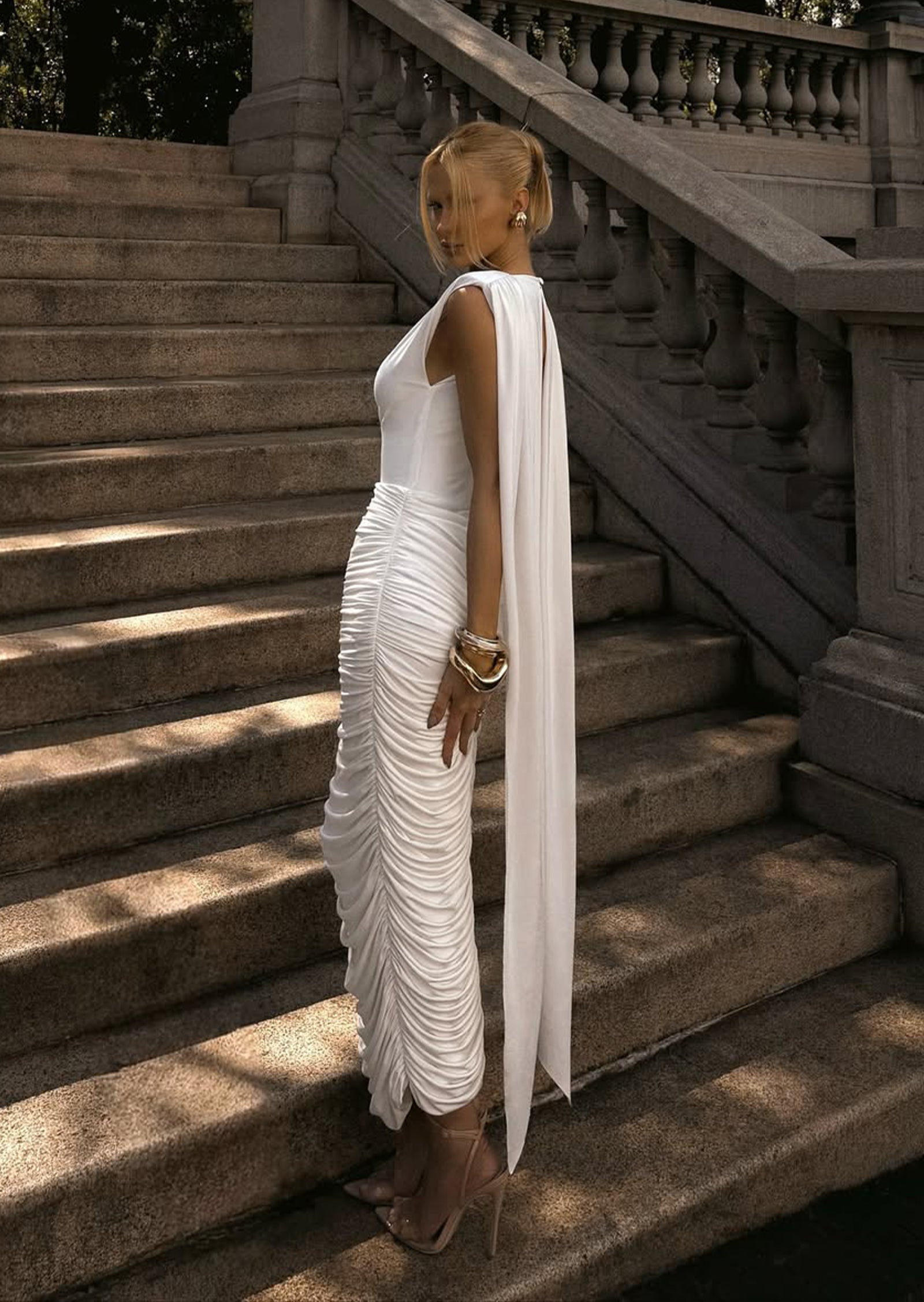 Sleeveless Draped Midi Dress With Cowl