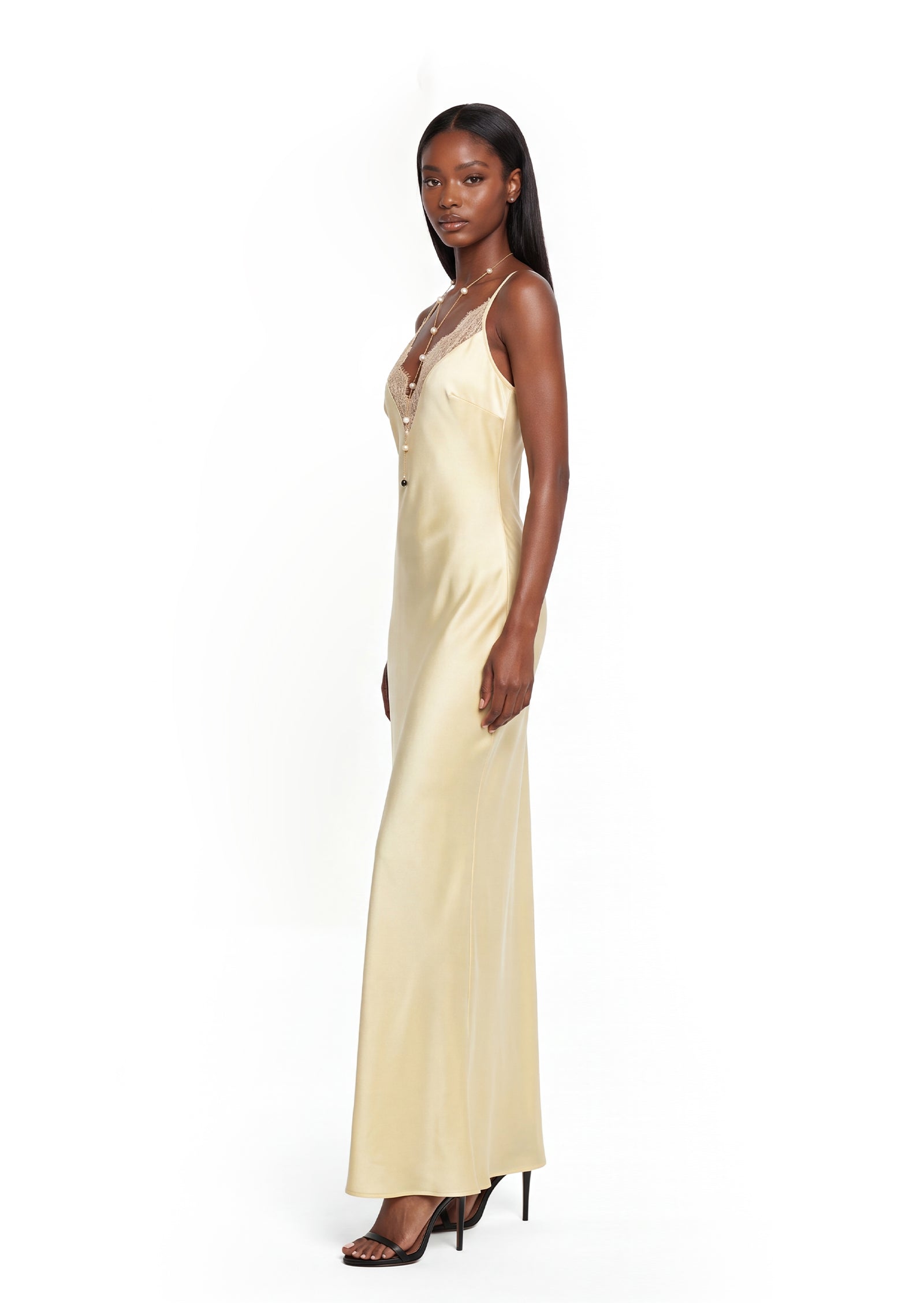 Vagn Deep V Neck Satin Maxi Dress With Lace