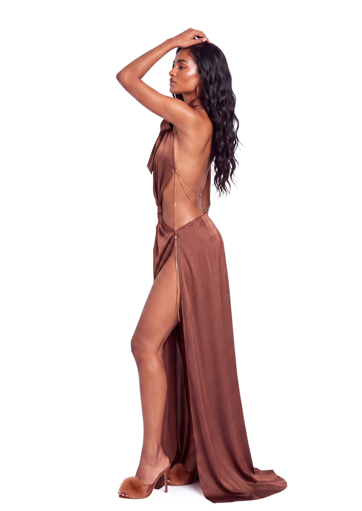 Udell Satin Slit Maxi Dress In Brown