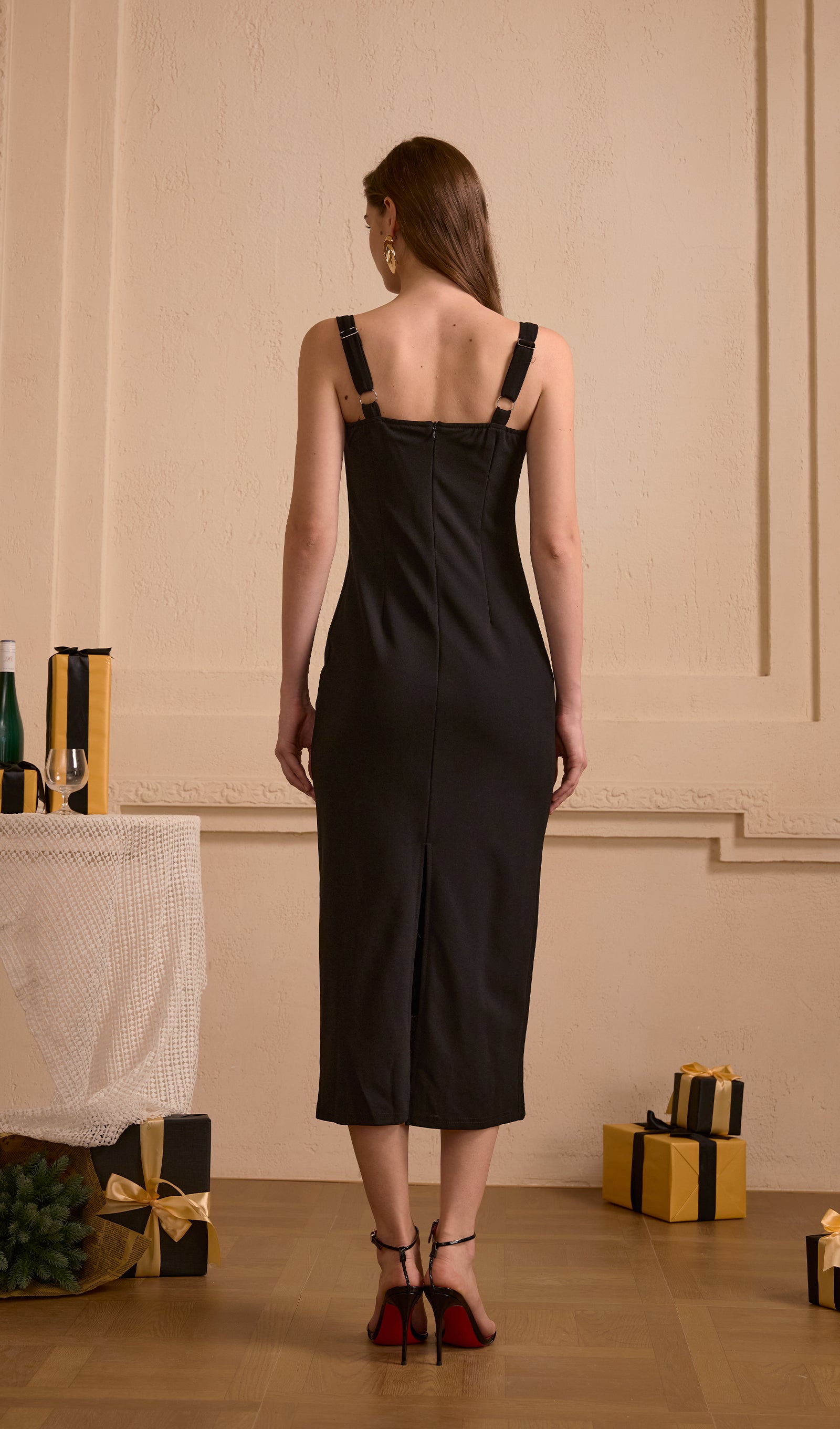 Lace-Trimmed Open Back Midi Dress
