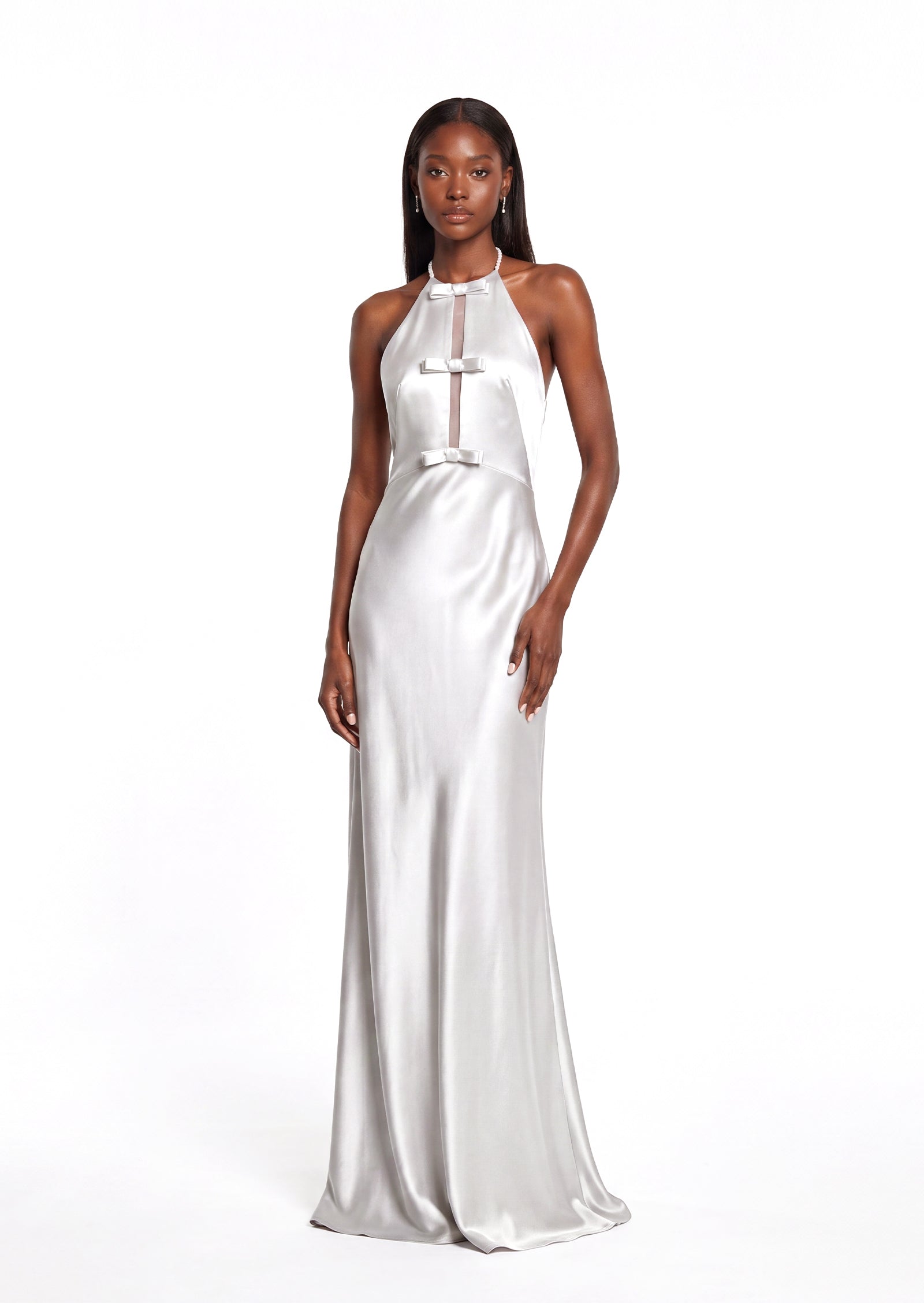 Pallavi Halterneck Satin Maxi Dress In White