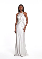 Pallavi Halterneck Satin Maxi Dress In White