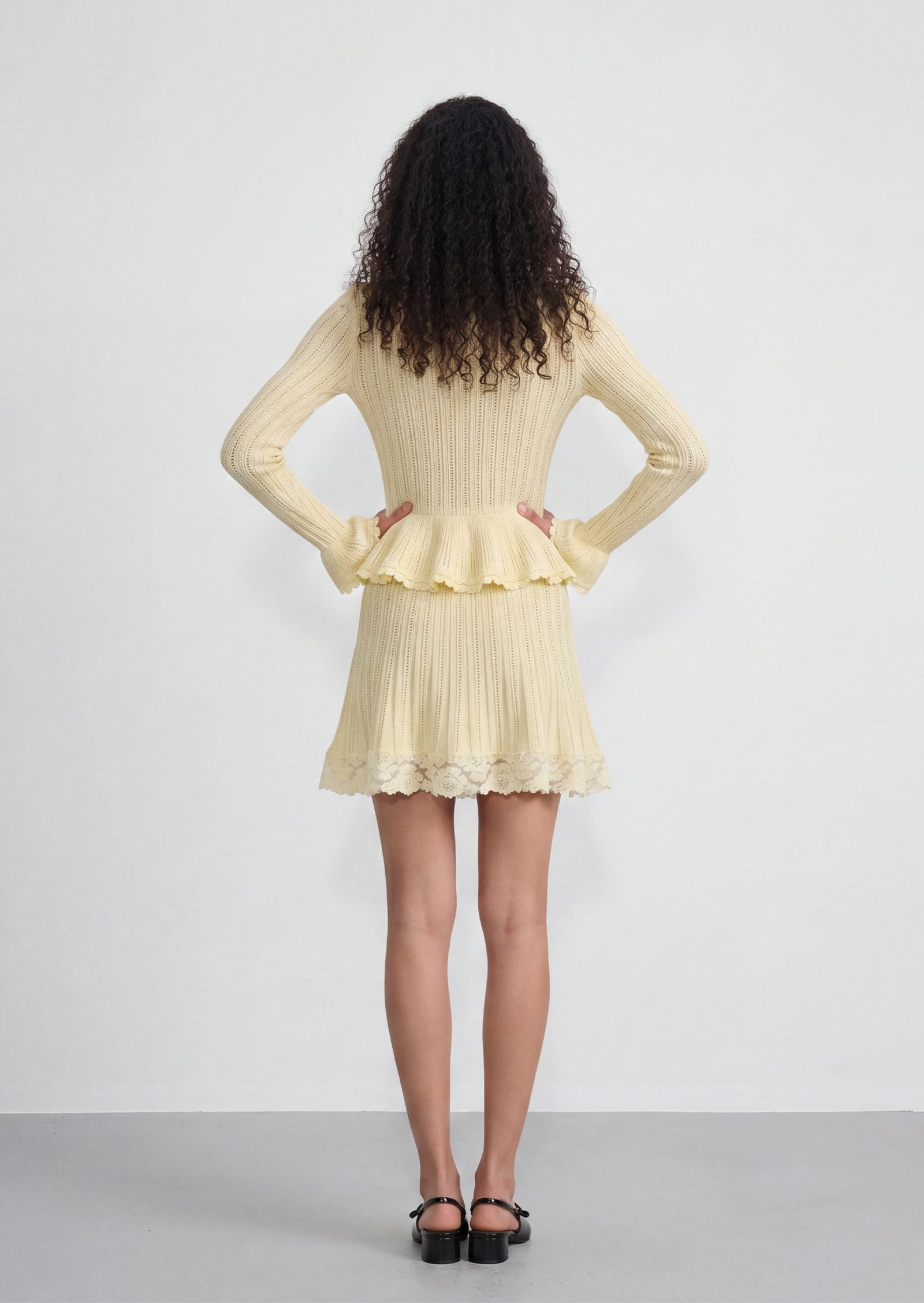 Pointelle Peplum Knit Mini Skirt Set In Yellow