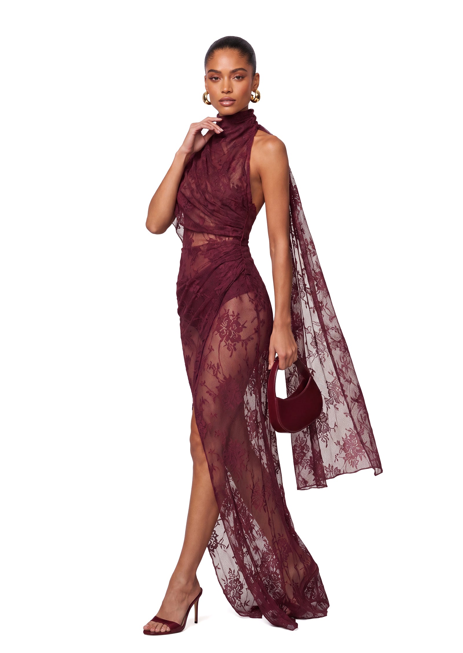 Xidorn Lace Backless Maxi Dress In Claret
