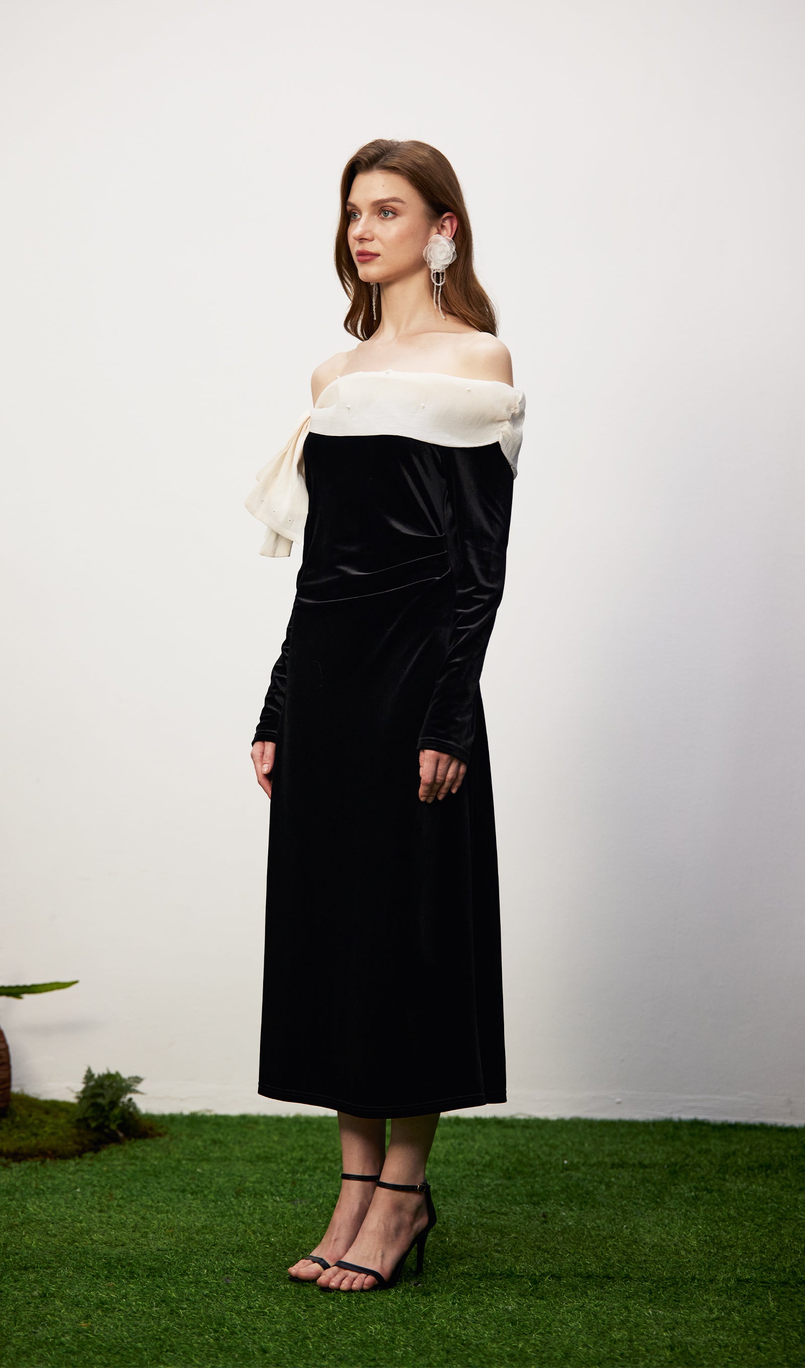 Off Shoulder Pearl Lace Up Maxi Dress