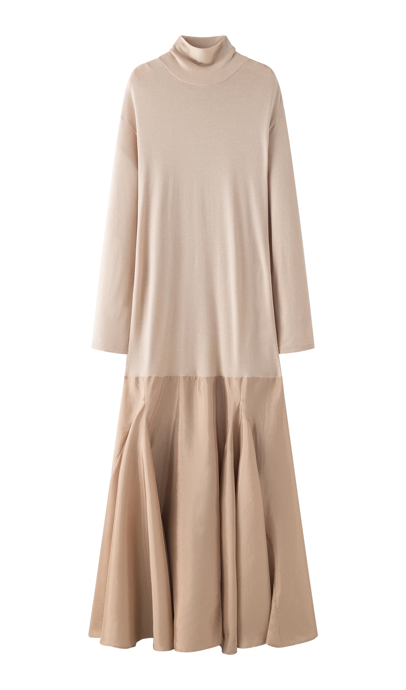 Turtleneck Long Sleeve Satin Maxi Dress In Beige