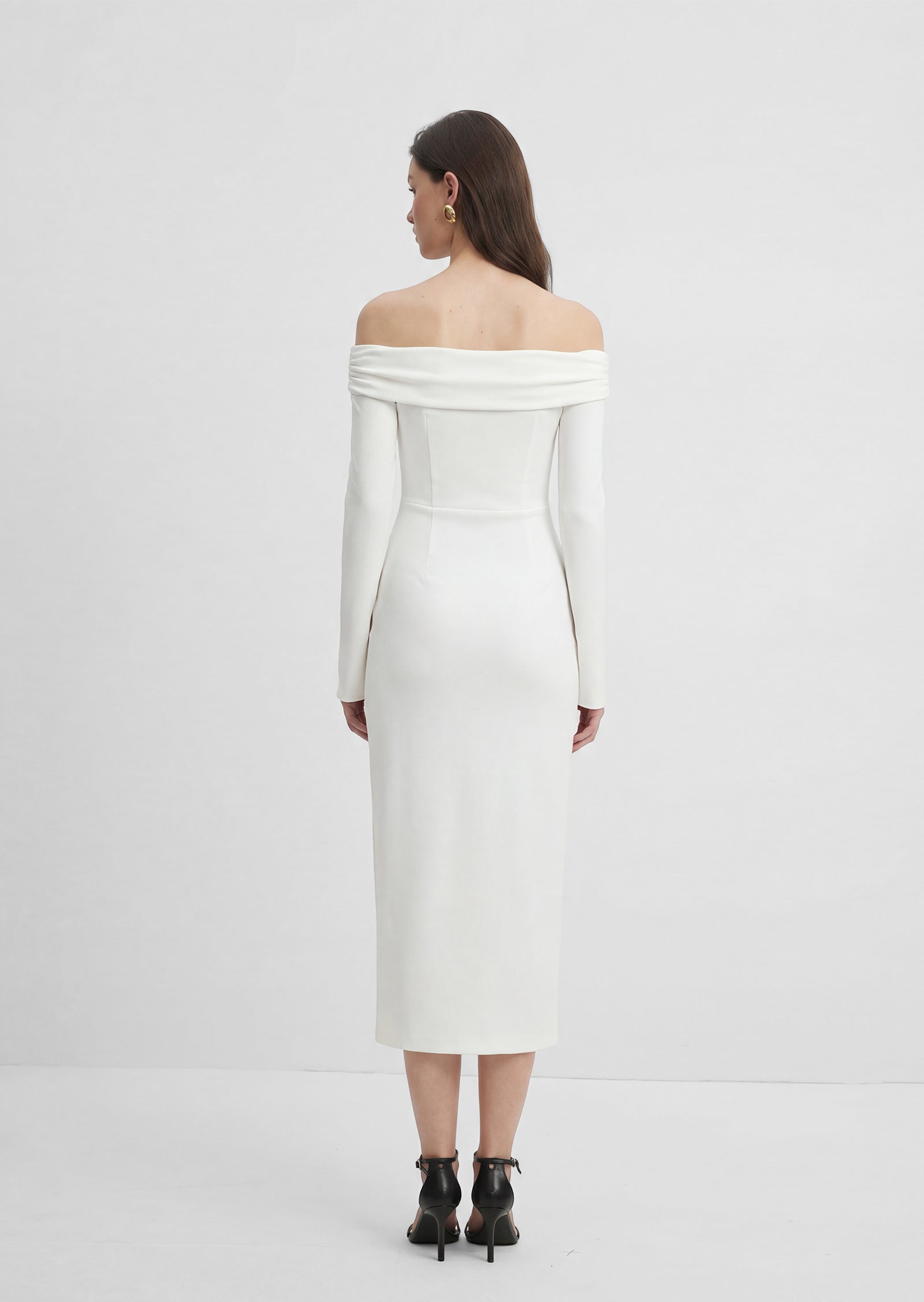 Solid Open Shoulders And Slit Midi Dress