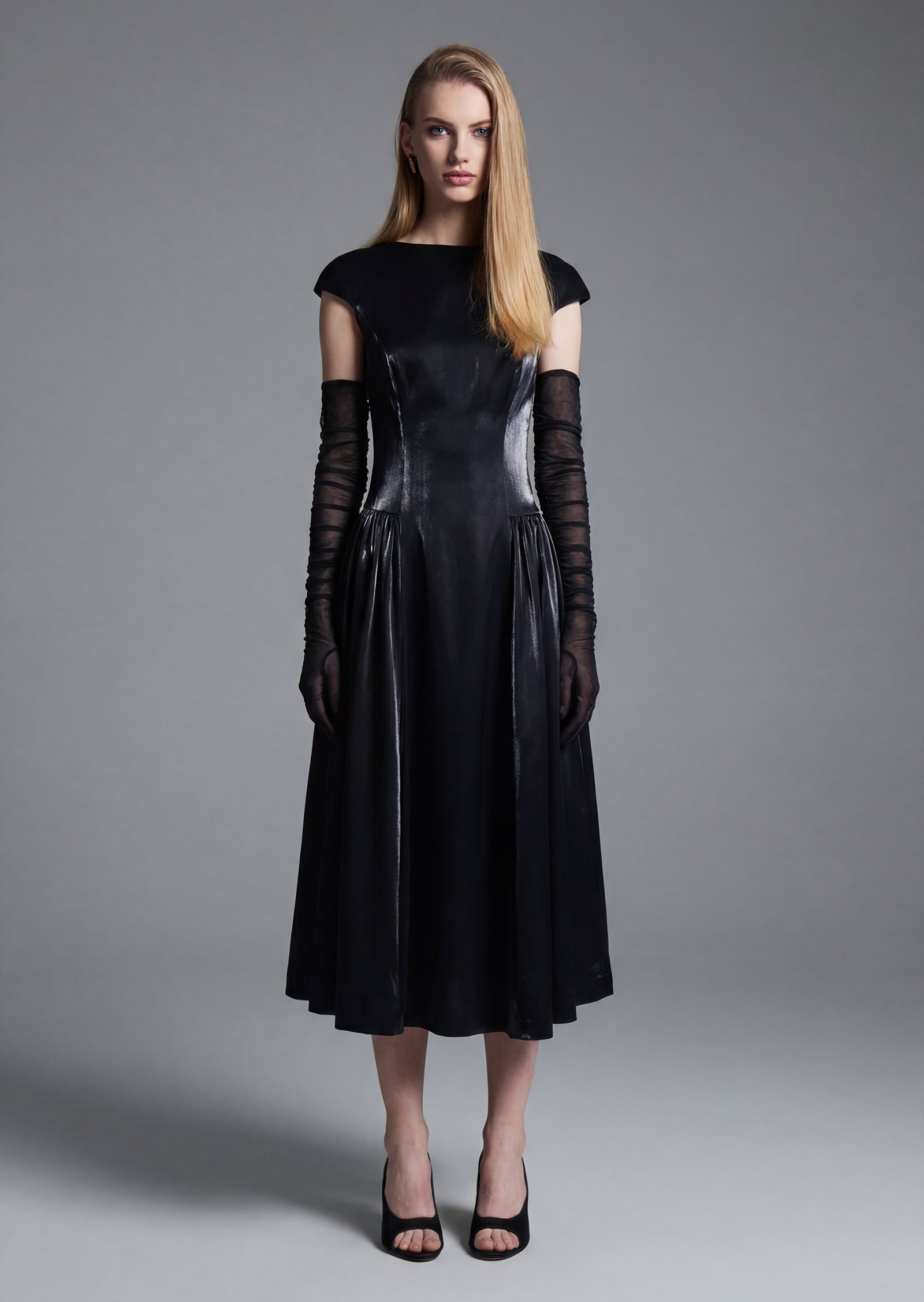 Shiny Midi Dress With Gathered Skirt