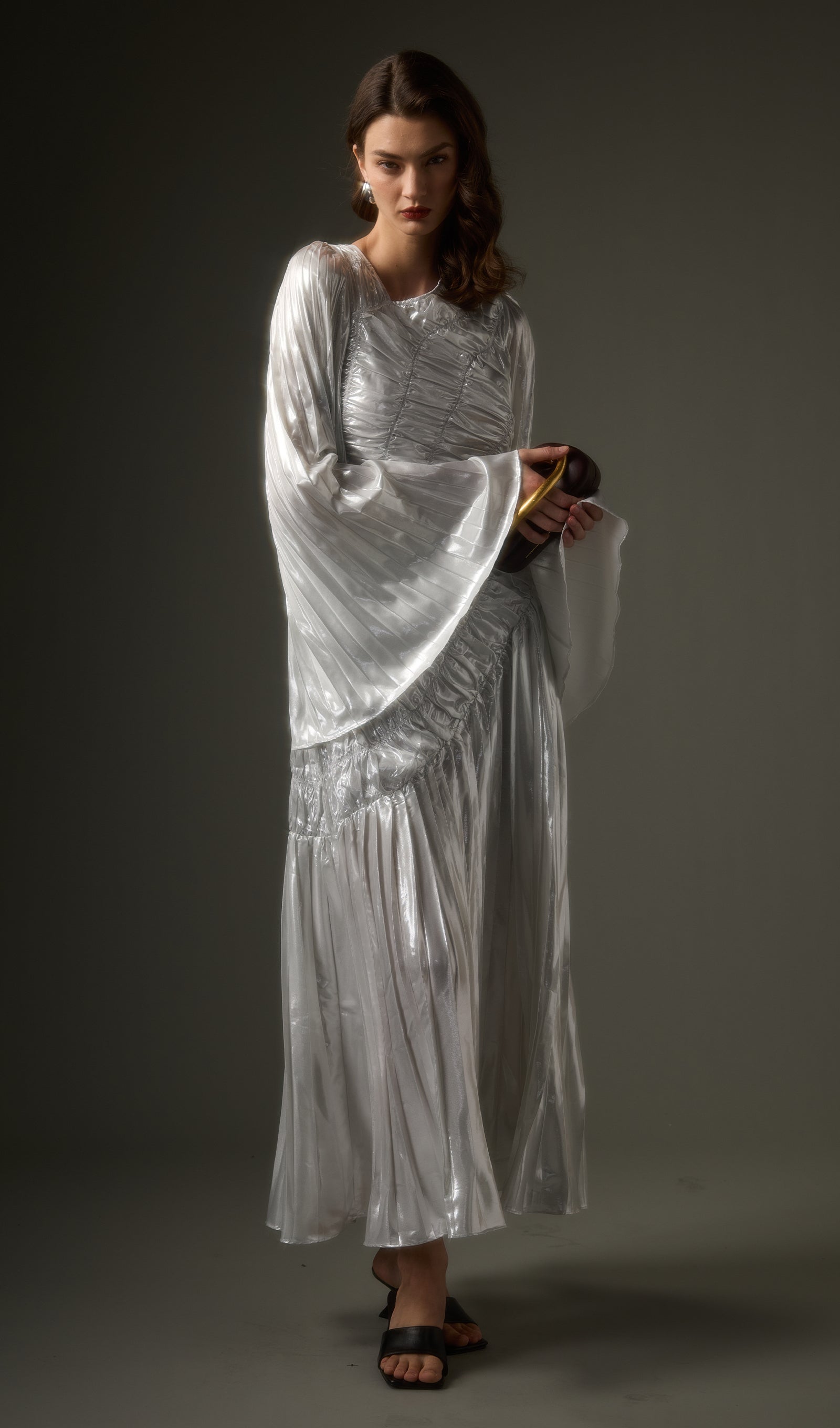 Metallic Long Sleeve Maxi Dress In Silver