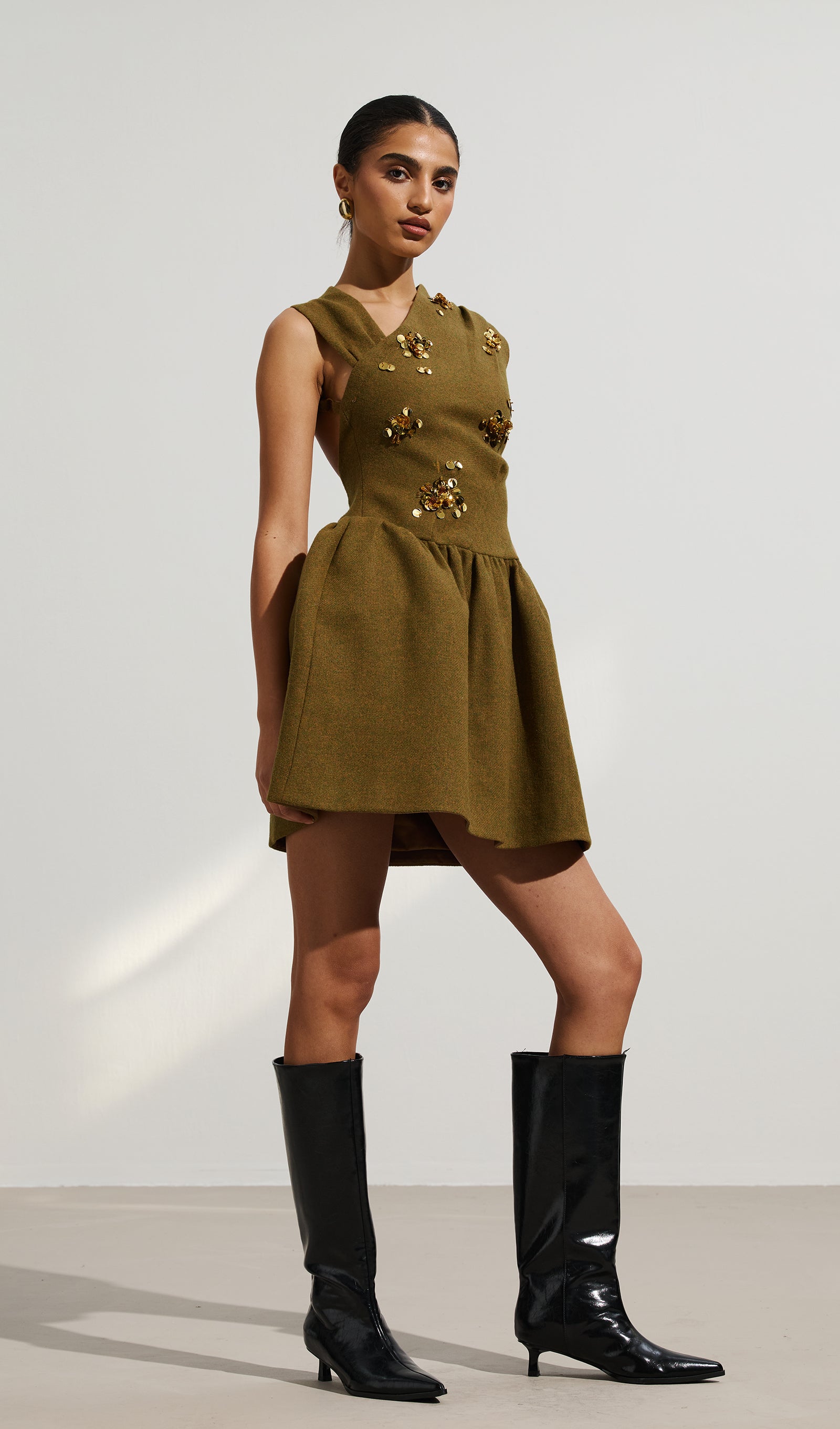 Asymmetrical Neck Embellished Mini Dress