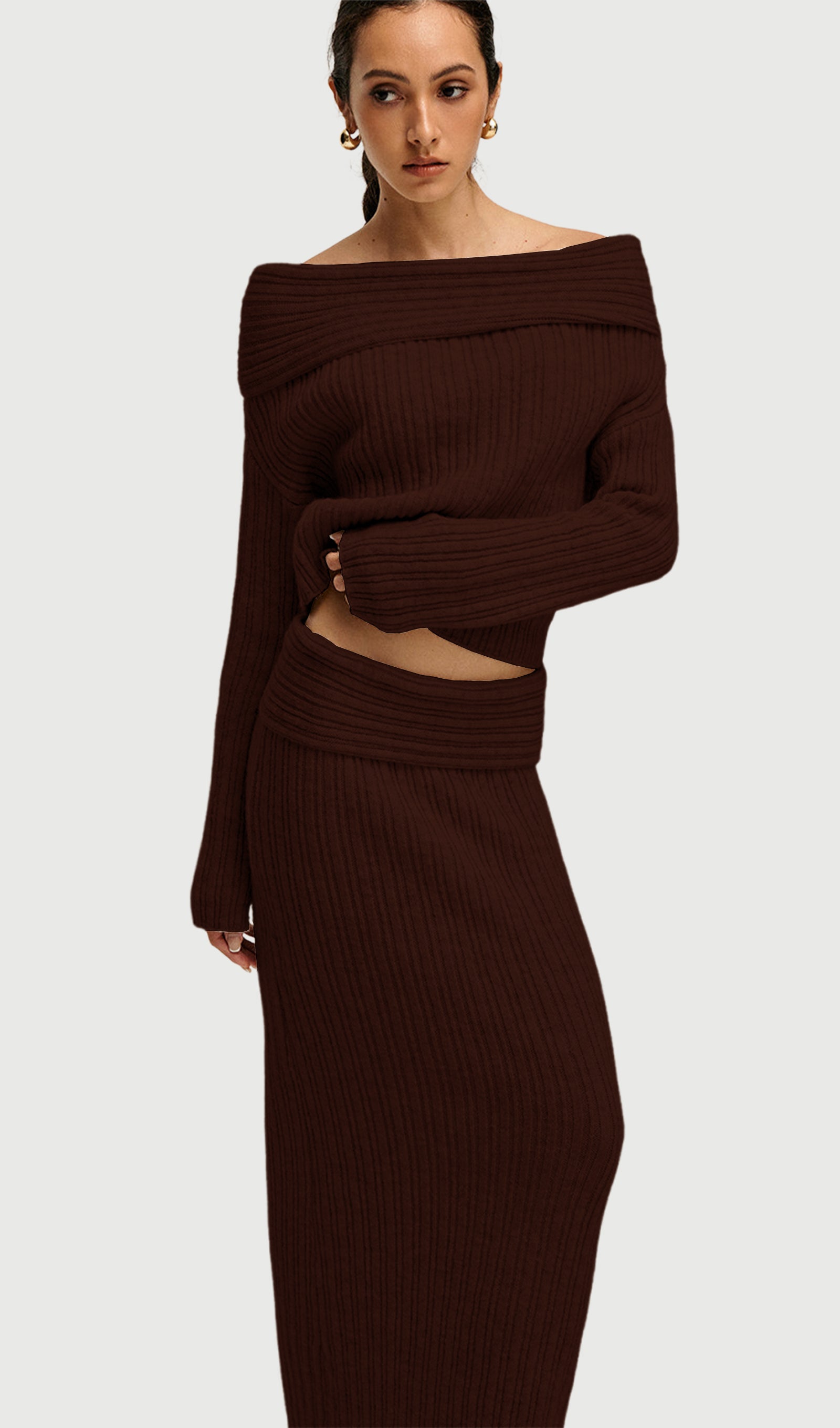 Off Shoulder Knitted Two Piece Set In Coffee