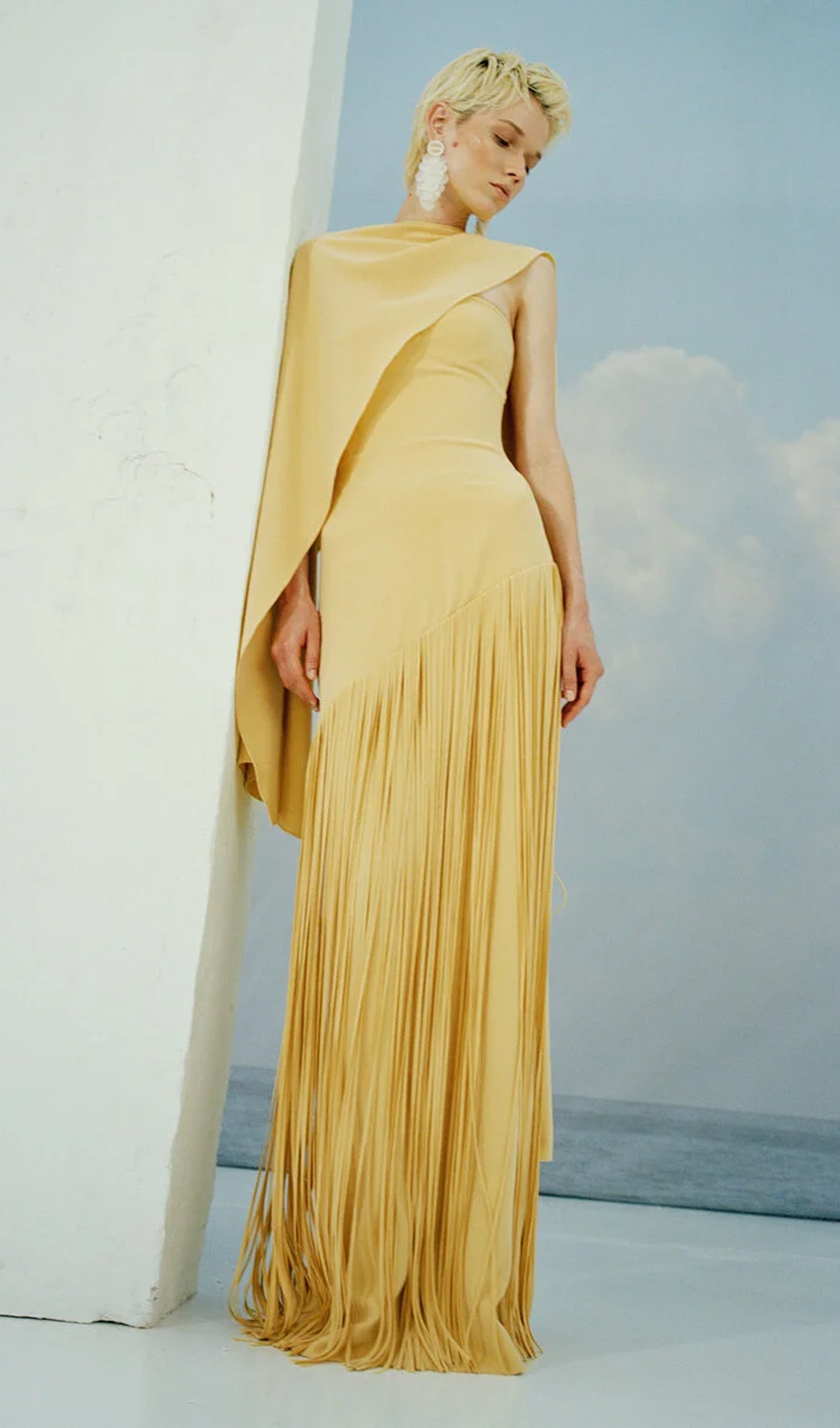 Cape Detailed Fringed Gown