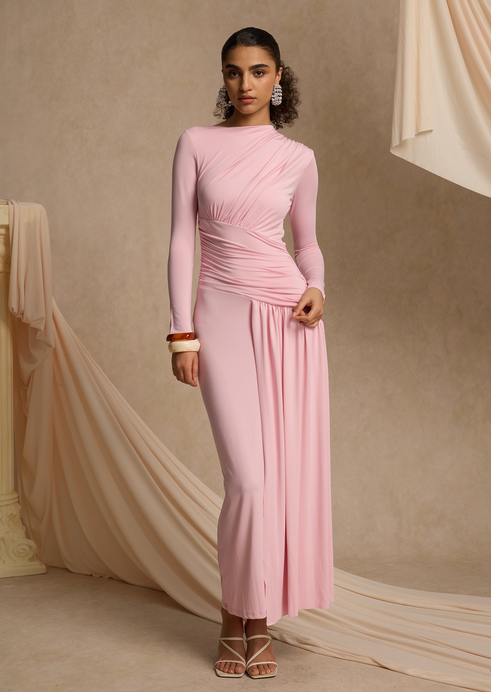 Layali Rose Asymmetric Ruched Maxi Dress