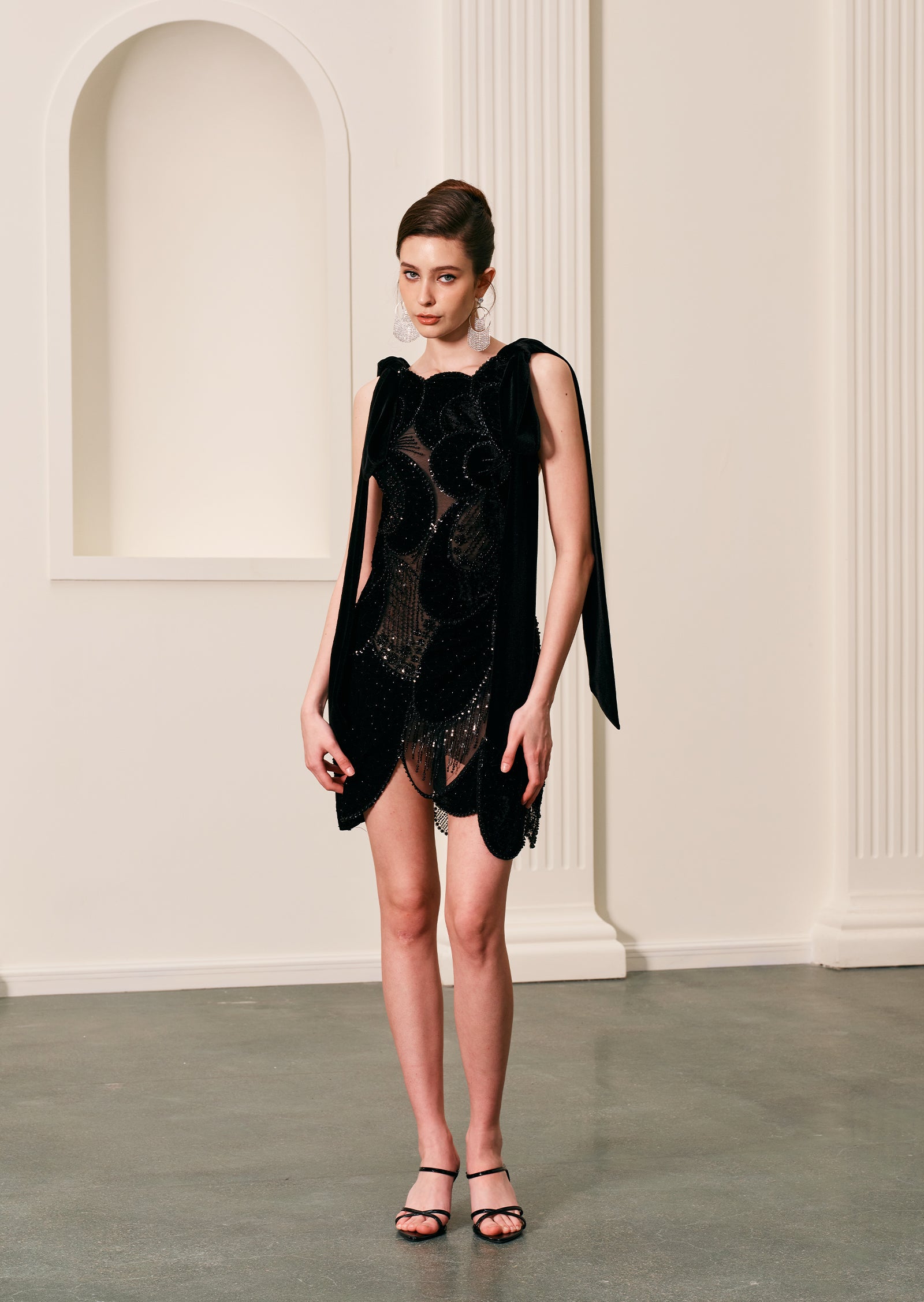 Mini Embroidered Black Velvet Gown