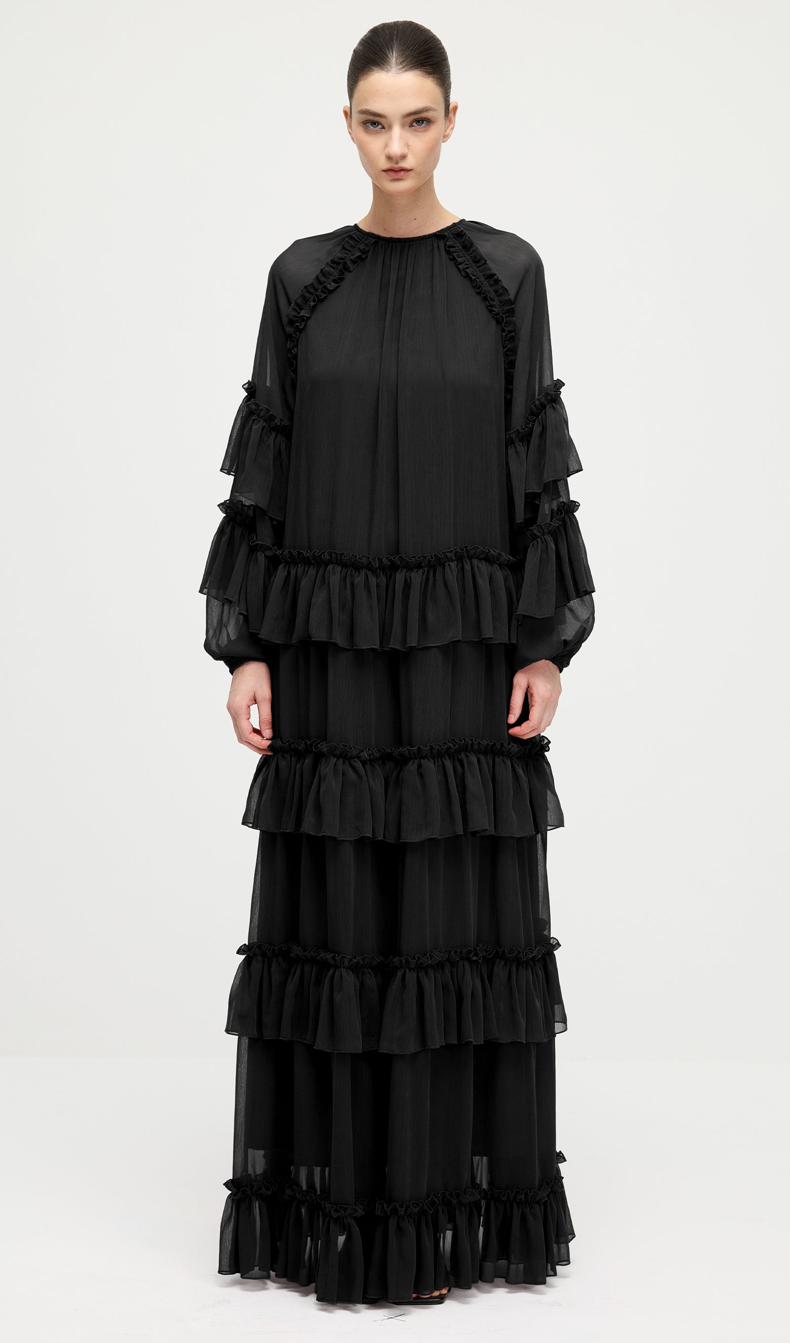 Ruffle Tiered Puff Sleeve Maxi Dress In Black
