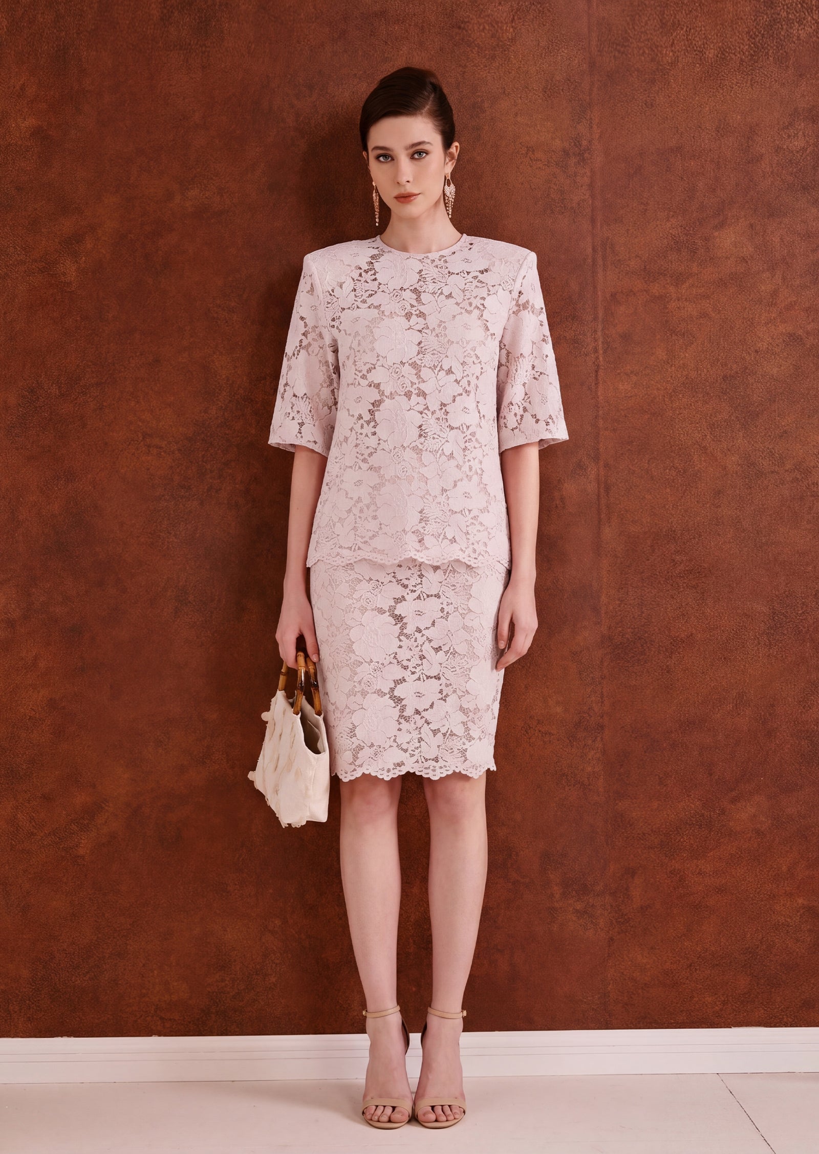 Aralyn Velvet  Lace T-Shirt & Lace Skirt Set In Pink