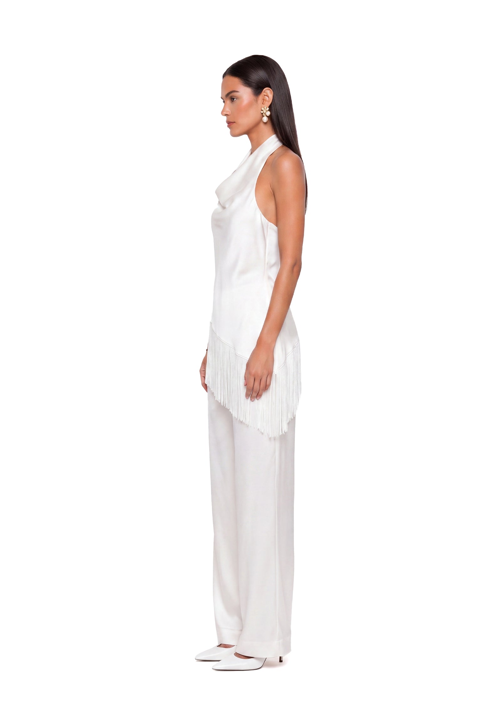 Wahkan Fringe Halter Top & Satin Pants Set In White