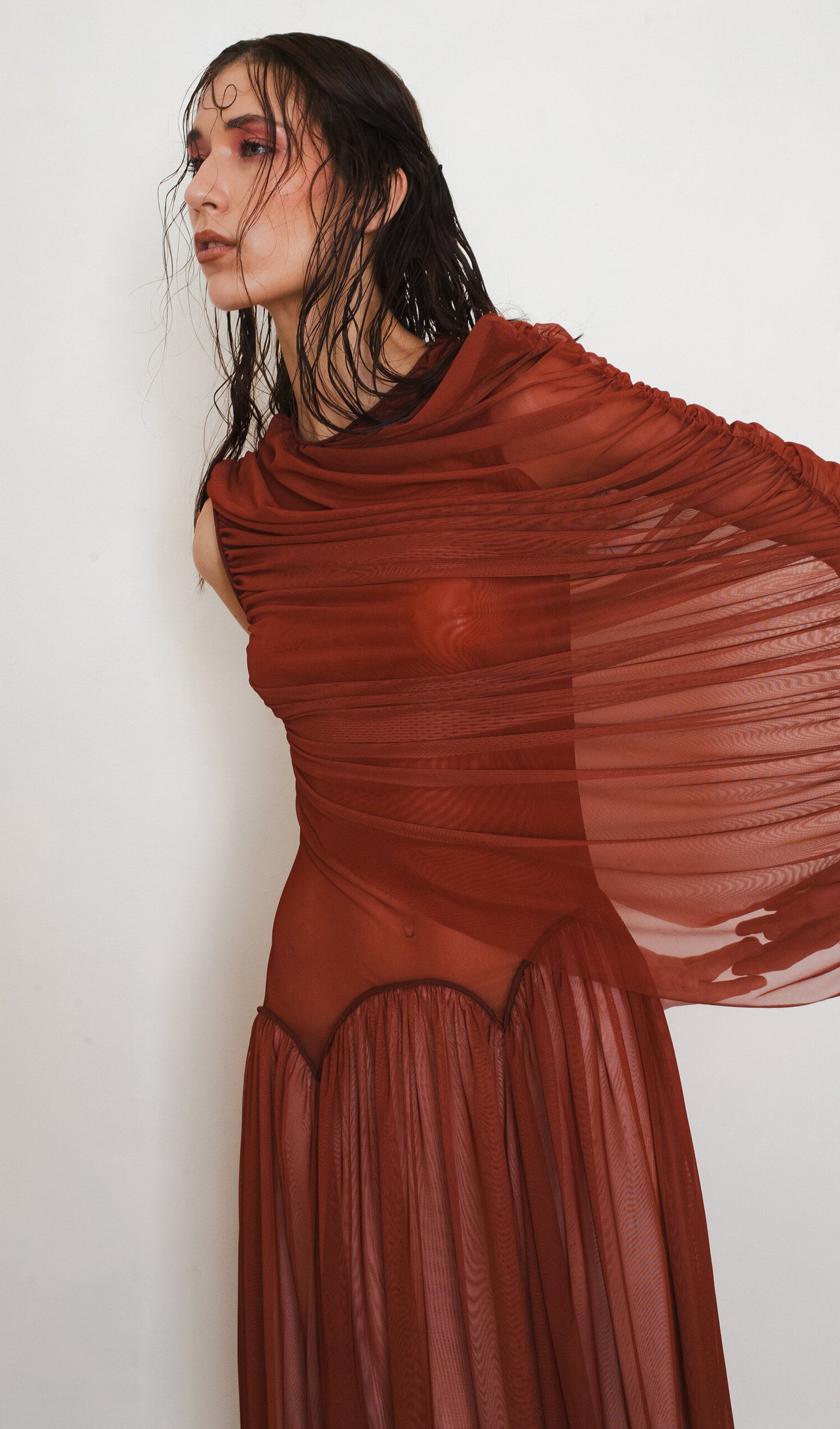 Cascade Draped Tulle-Blend Maxi Dress