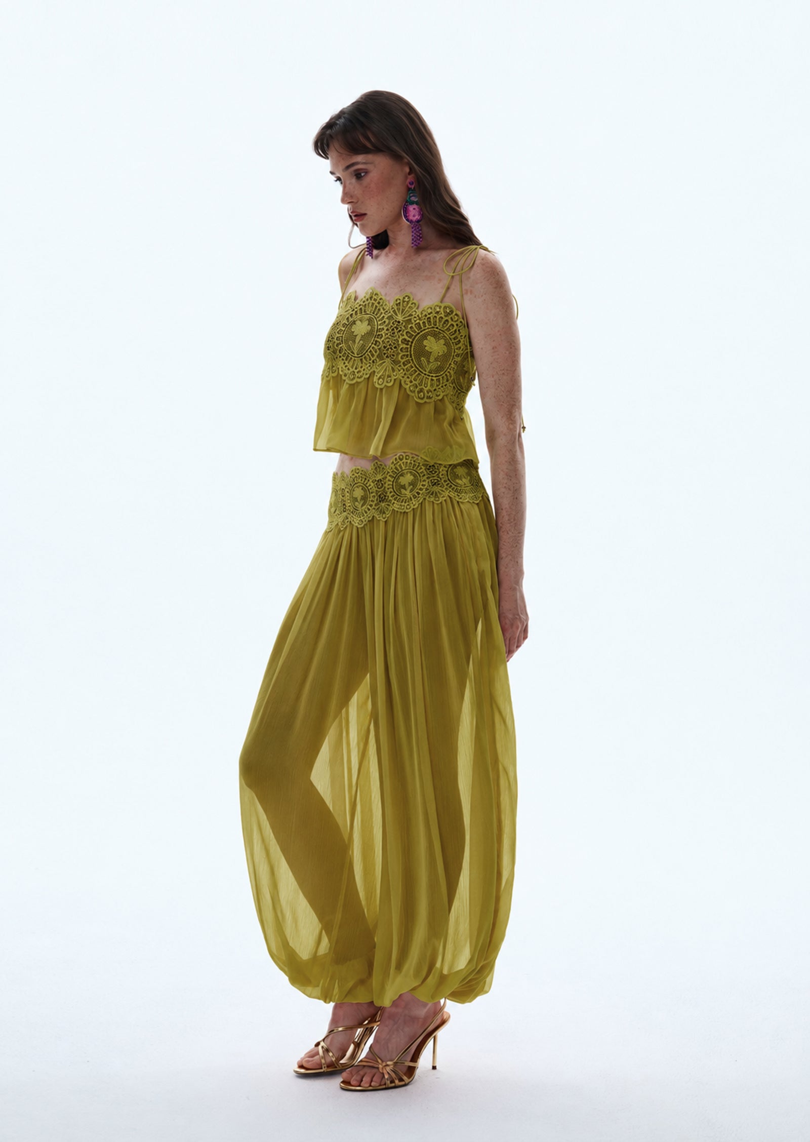 Luenie Chiffon Top & Pant Two Piece Set In Mustard Green