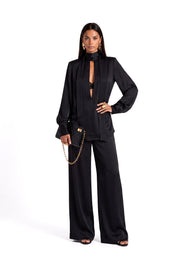 Stand Up Collar Shirt And Wide Leg Pants Suit