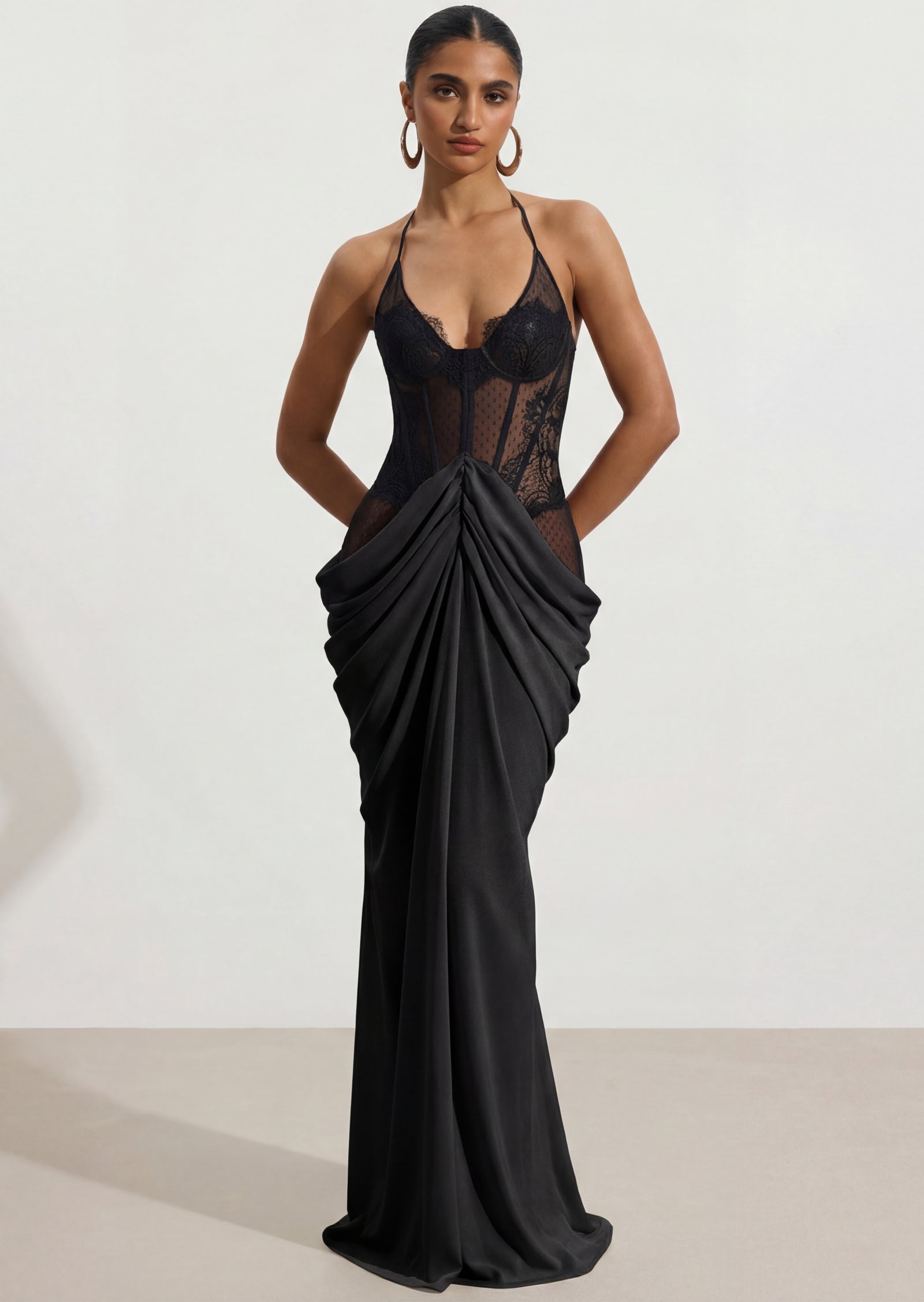 Lace Fishbone Patchwork Sleeveless Maxi Dress Black