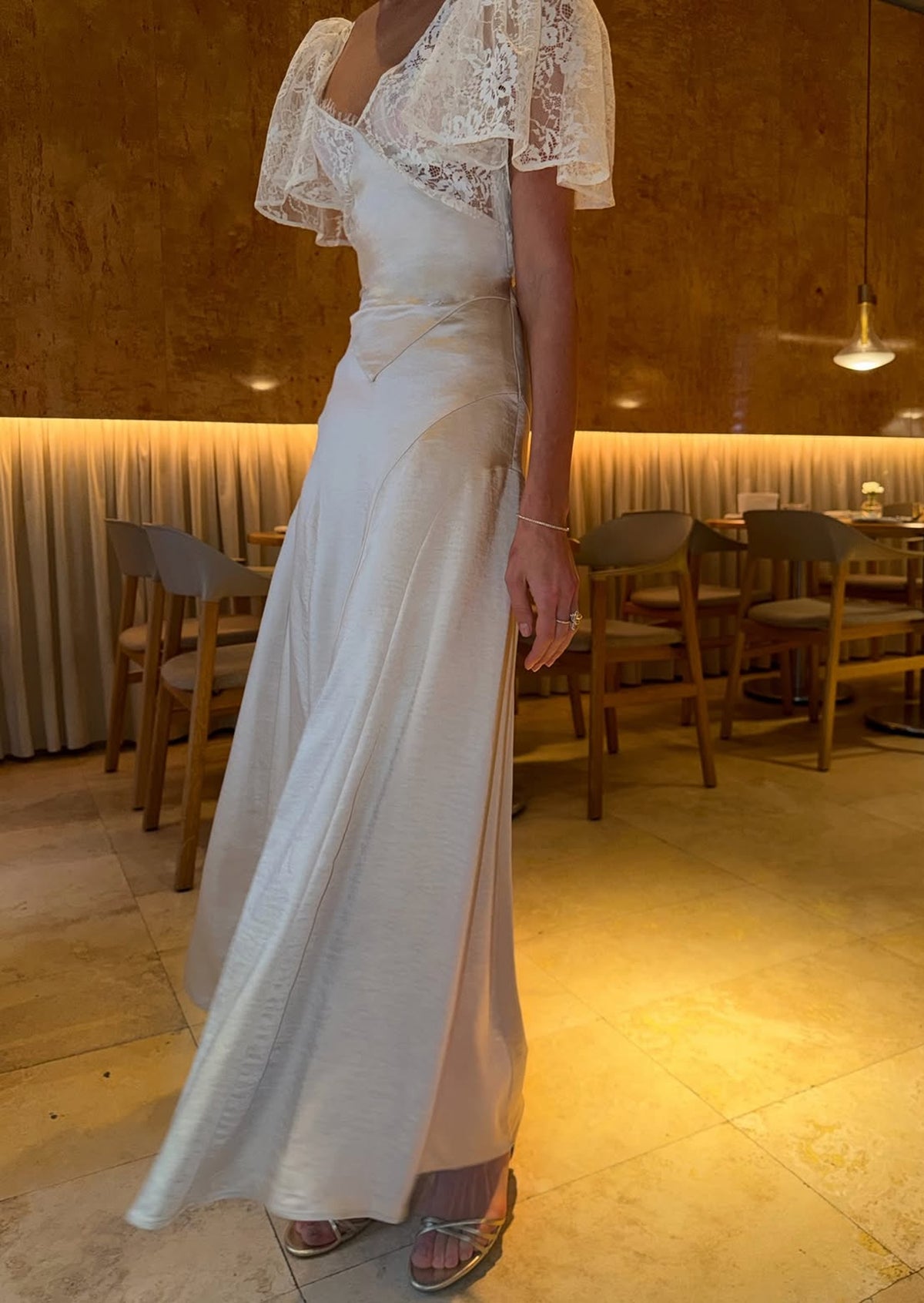 Earl Satin Midi Dress With Lace Sleeve