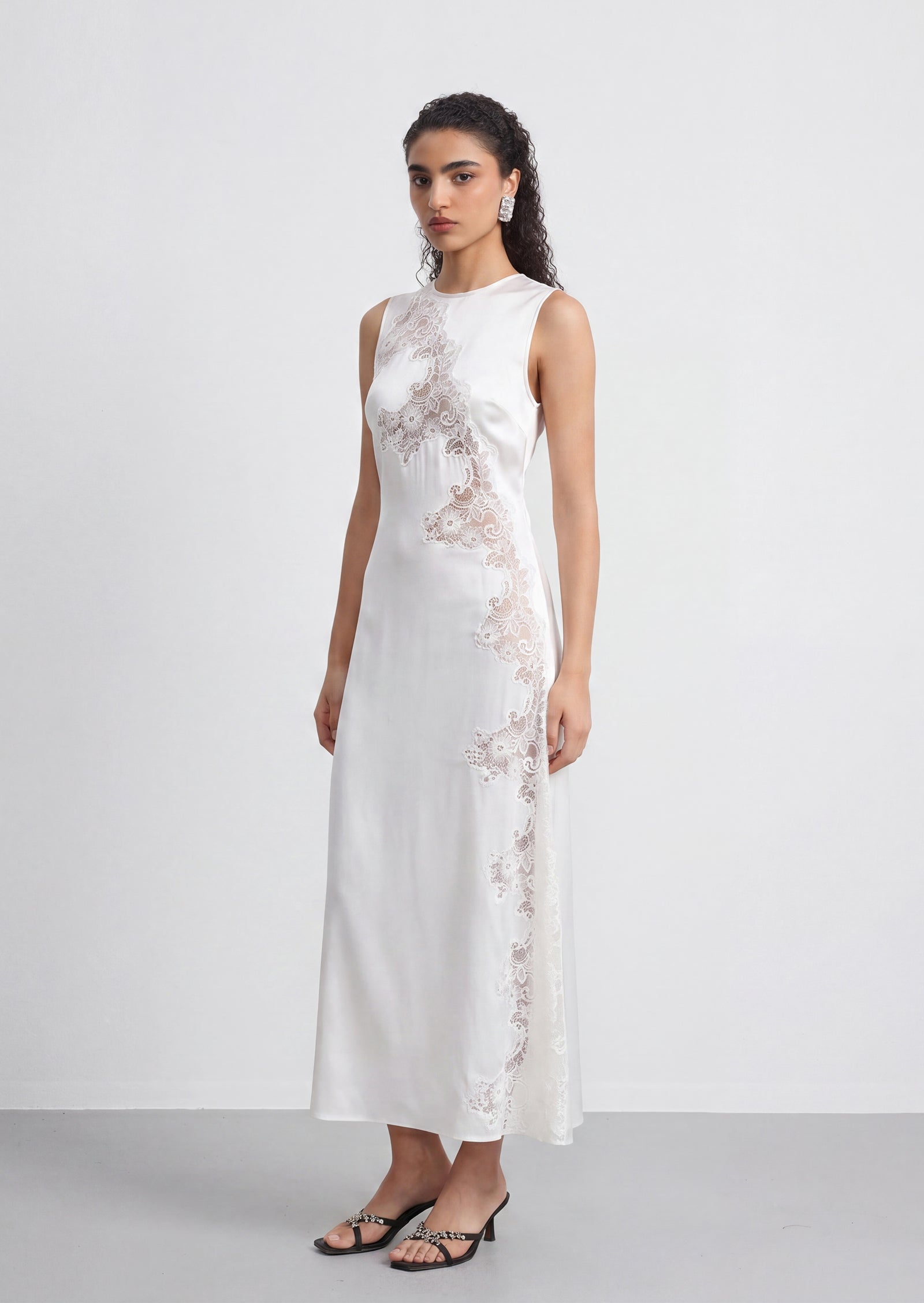 Quilla Lace Satin Midi Dress In White