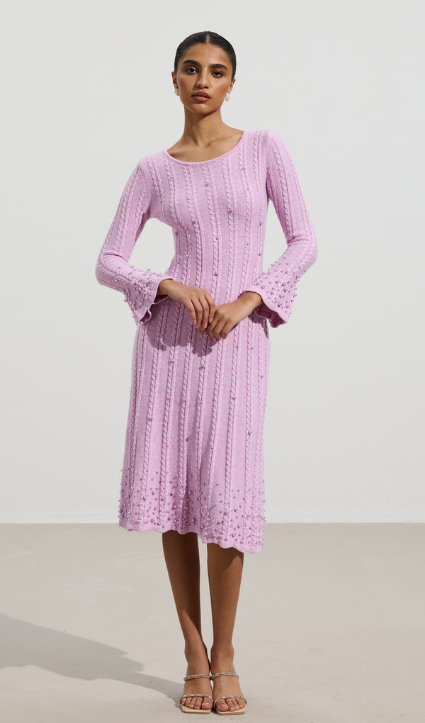 Beaded Bell Sleeve Cable Knit Midi Dress In Purple