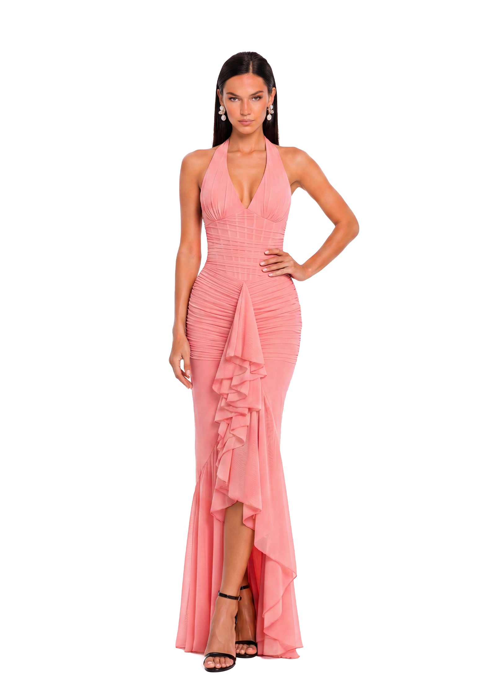 Valko Mesh Halter Neck Maxi Dress In Pink