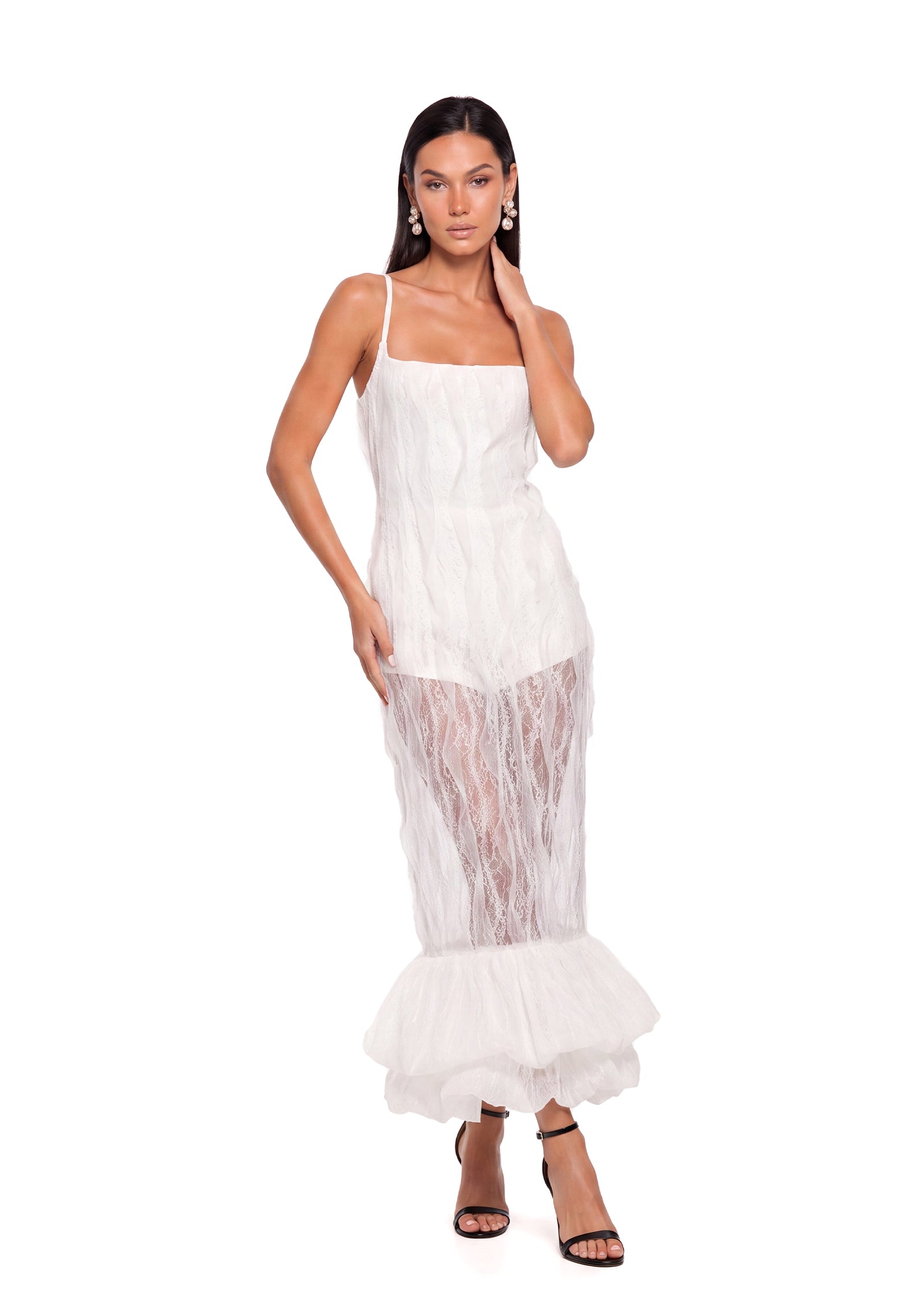 Adah Semi-Sheer Lace Dress In White