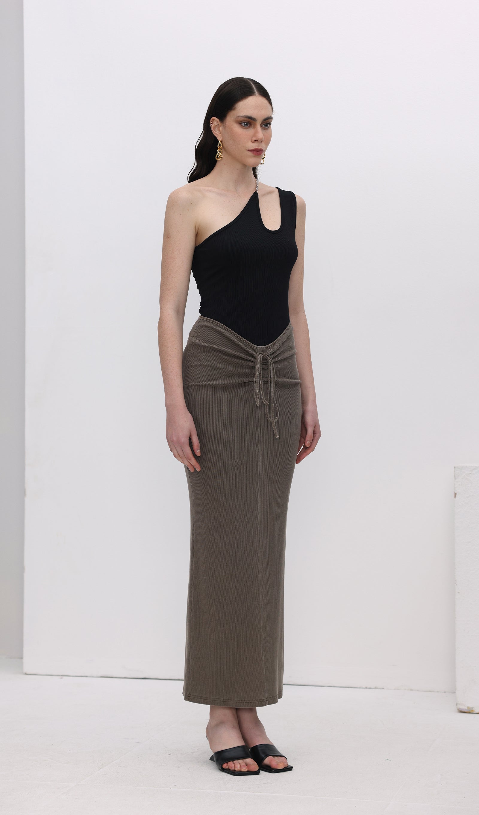Tie Drape Pleated Midi Skirt