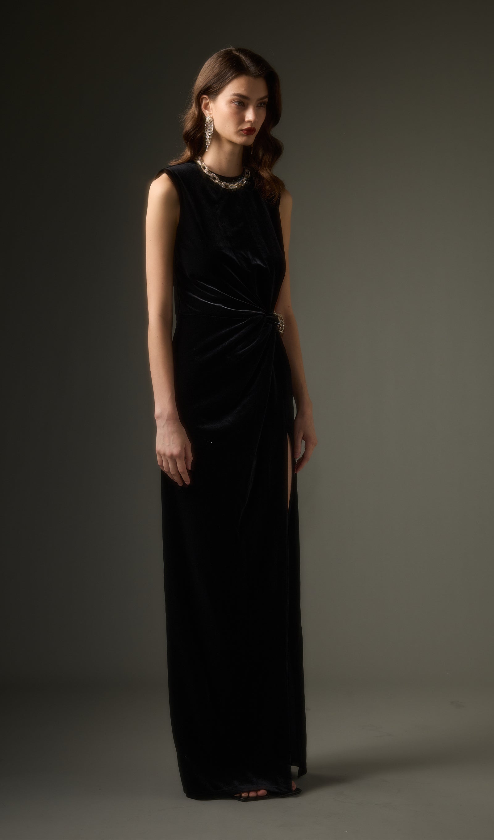 Embellished Velvet Split Maxi Dress In Black