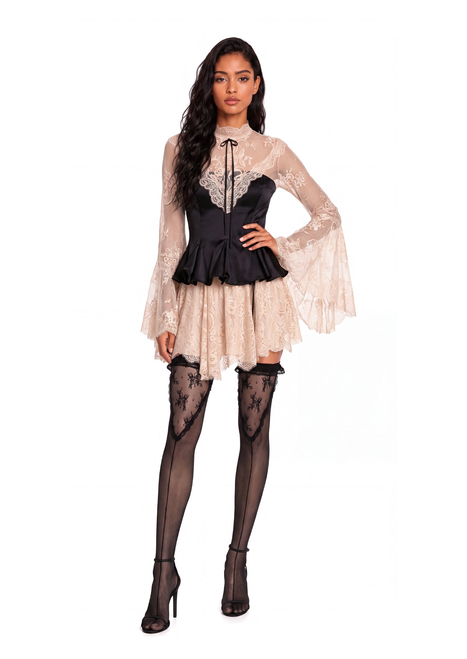 Raam Lace Satin Bell Sleeve Mini Dress