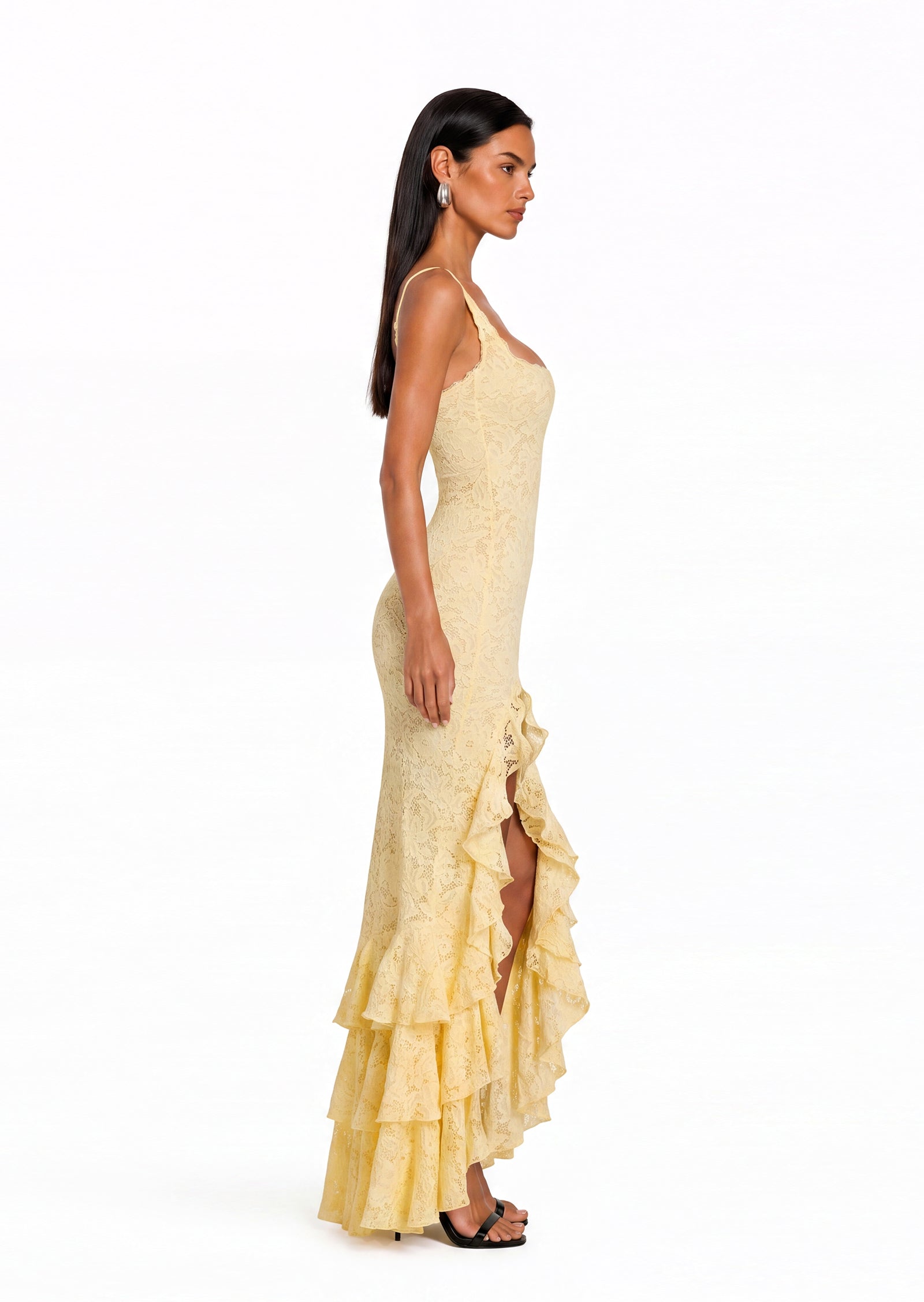 Kalliste Lace Ruffle Maxi Dress In Lemon Yellow