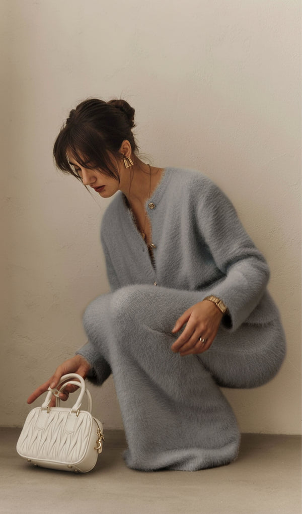 Fluffy Knitted Cardigan & Maxi Skirt Set In Grey